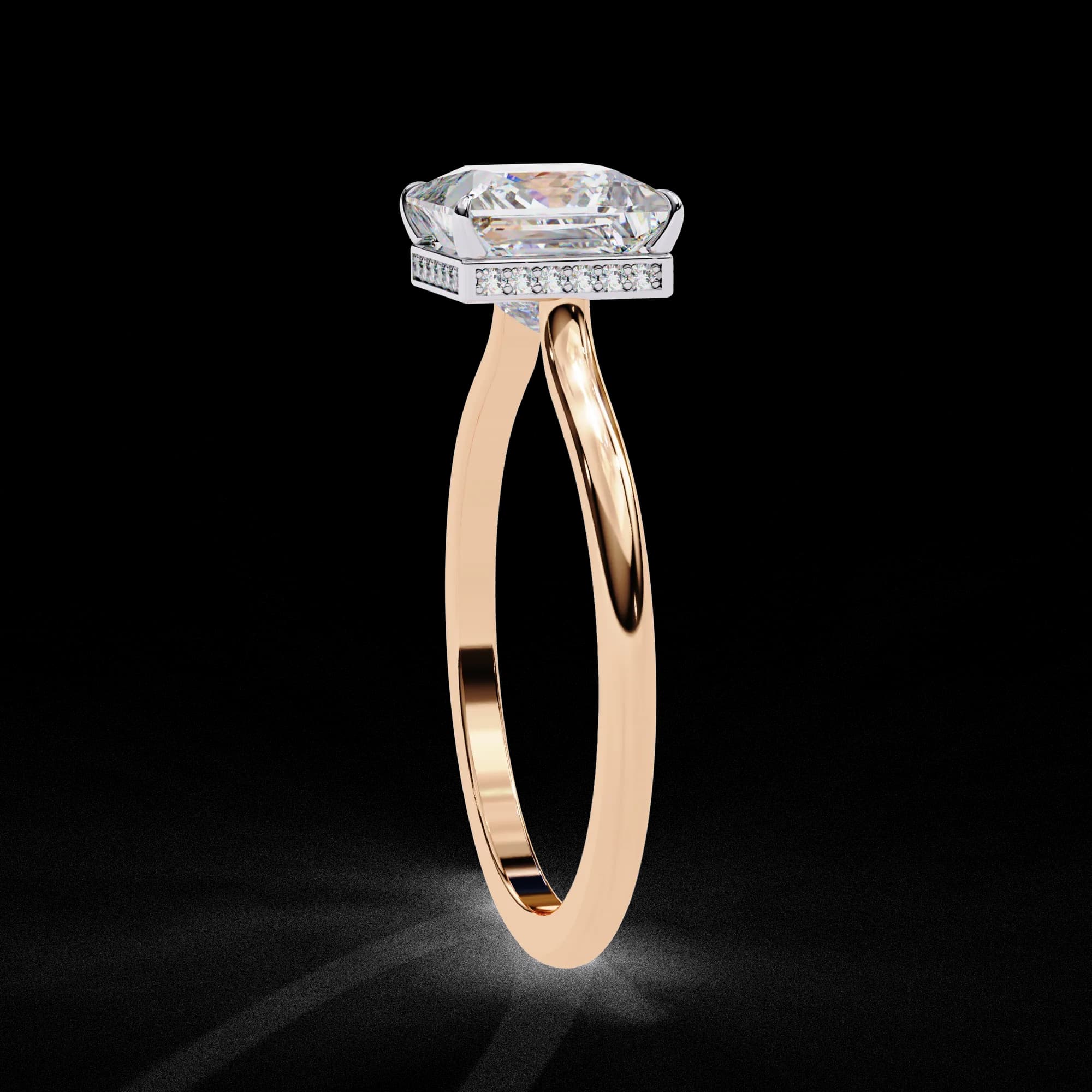 Princess cut lab grown diamond hidden halo engagement ring in rose gold, side profile view