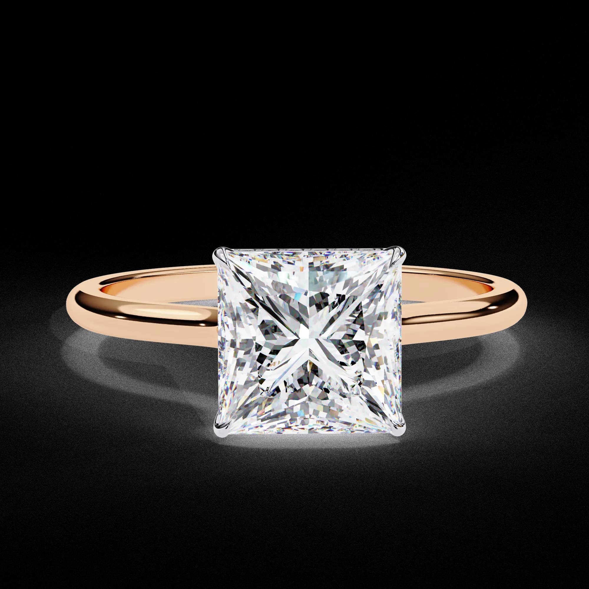 Princess cut lab grown diamond hidden halo engagement ring in rose gold, front view
