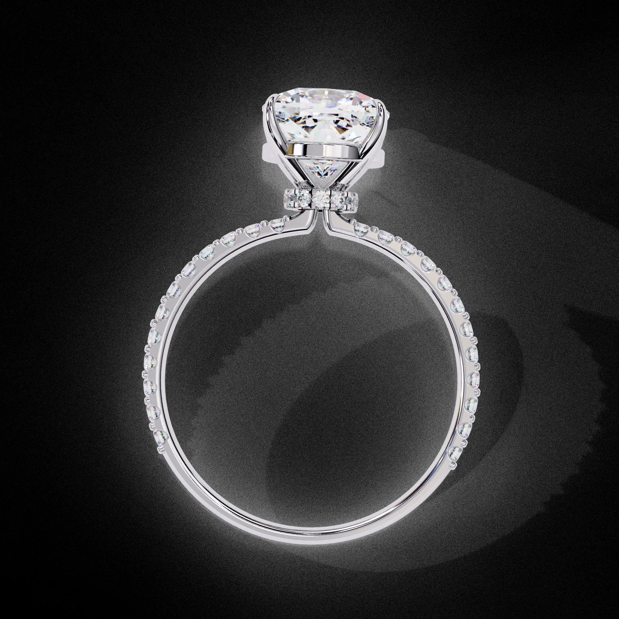 Cushion cut lab grown diamond hidden halo engagement ring with pavé band in white gold, through-finger view