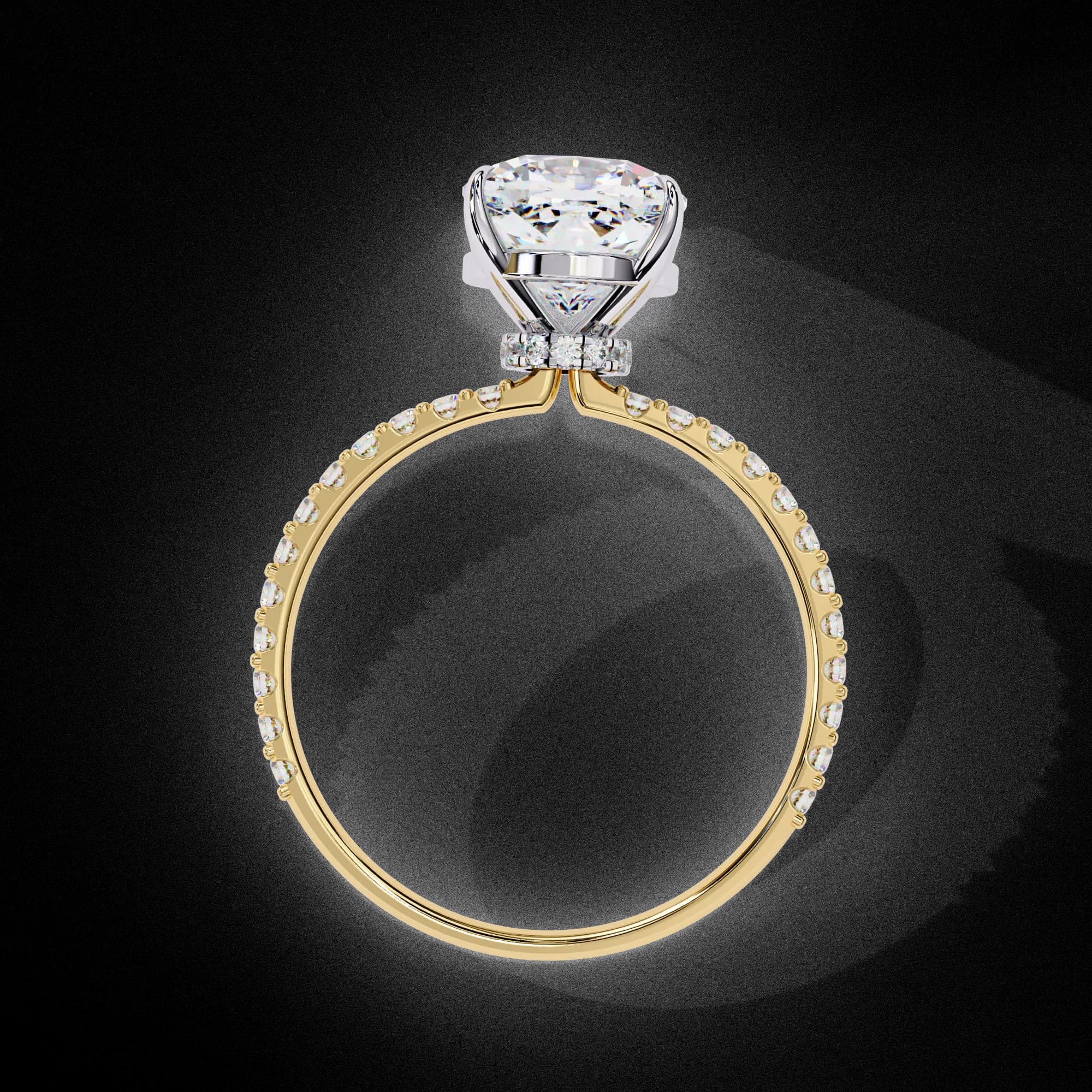 Cushion cut lab grown diamond hidden halo engagement ring with pavé band in yellow gold, through-finger view