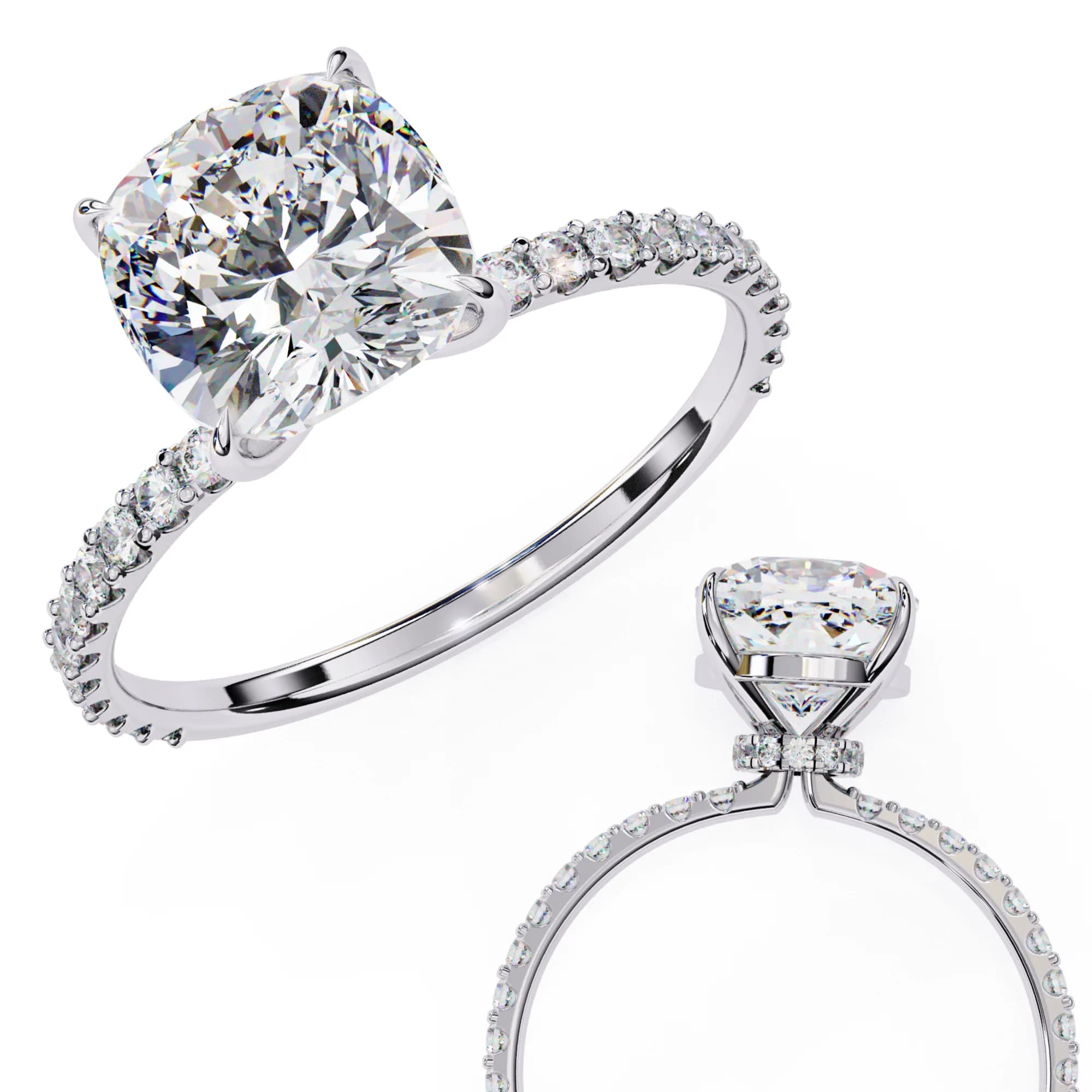 Cushion cut hidden halo pavé engagement ring in white gold, angled and through-finger views together