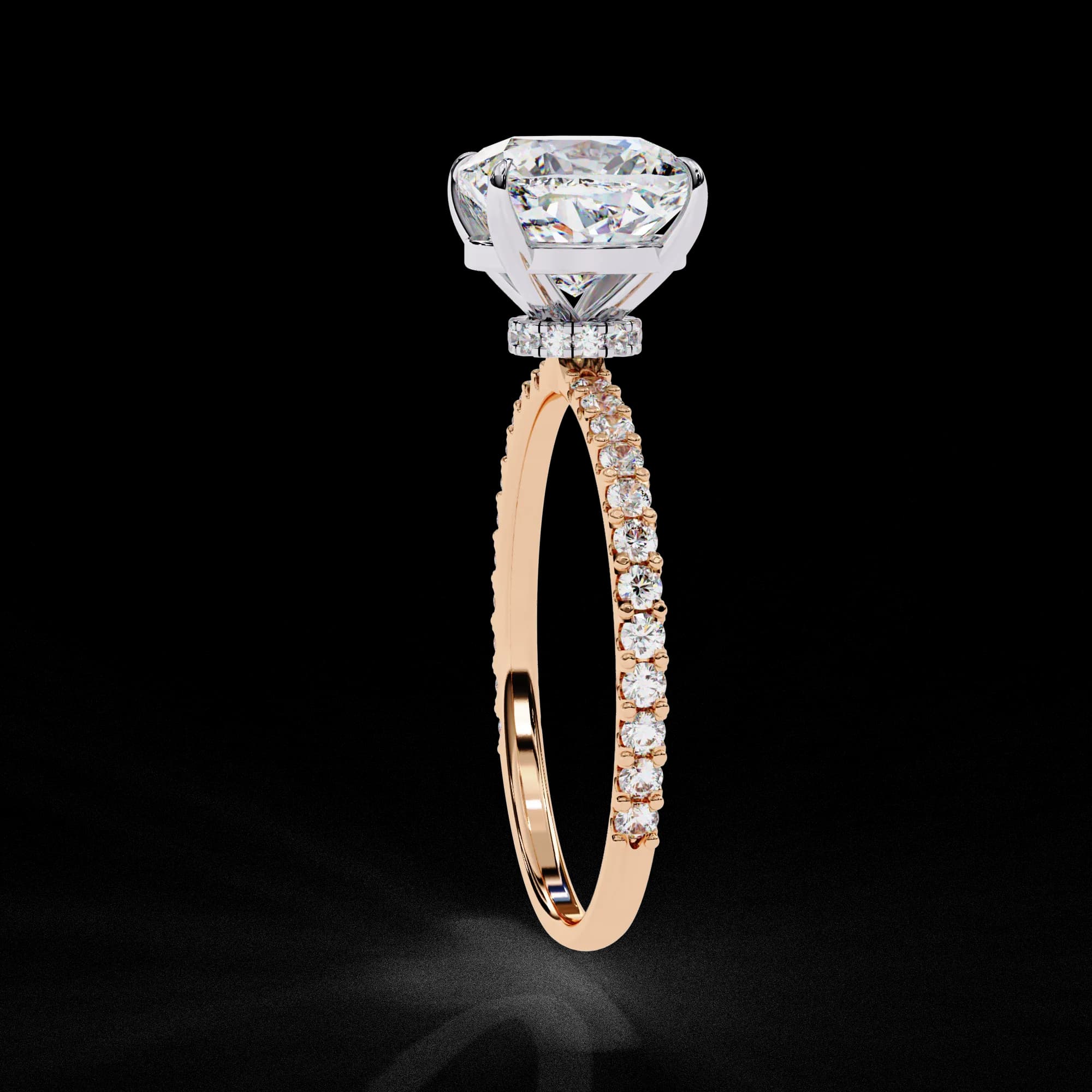 Cushion cut lab grown diamond hidden halo engagement ring with pavé band in rose gold, side profile view