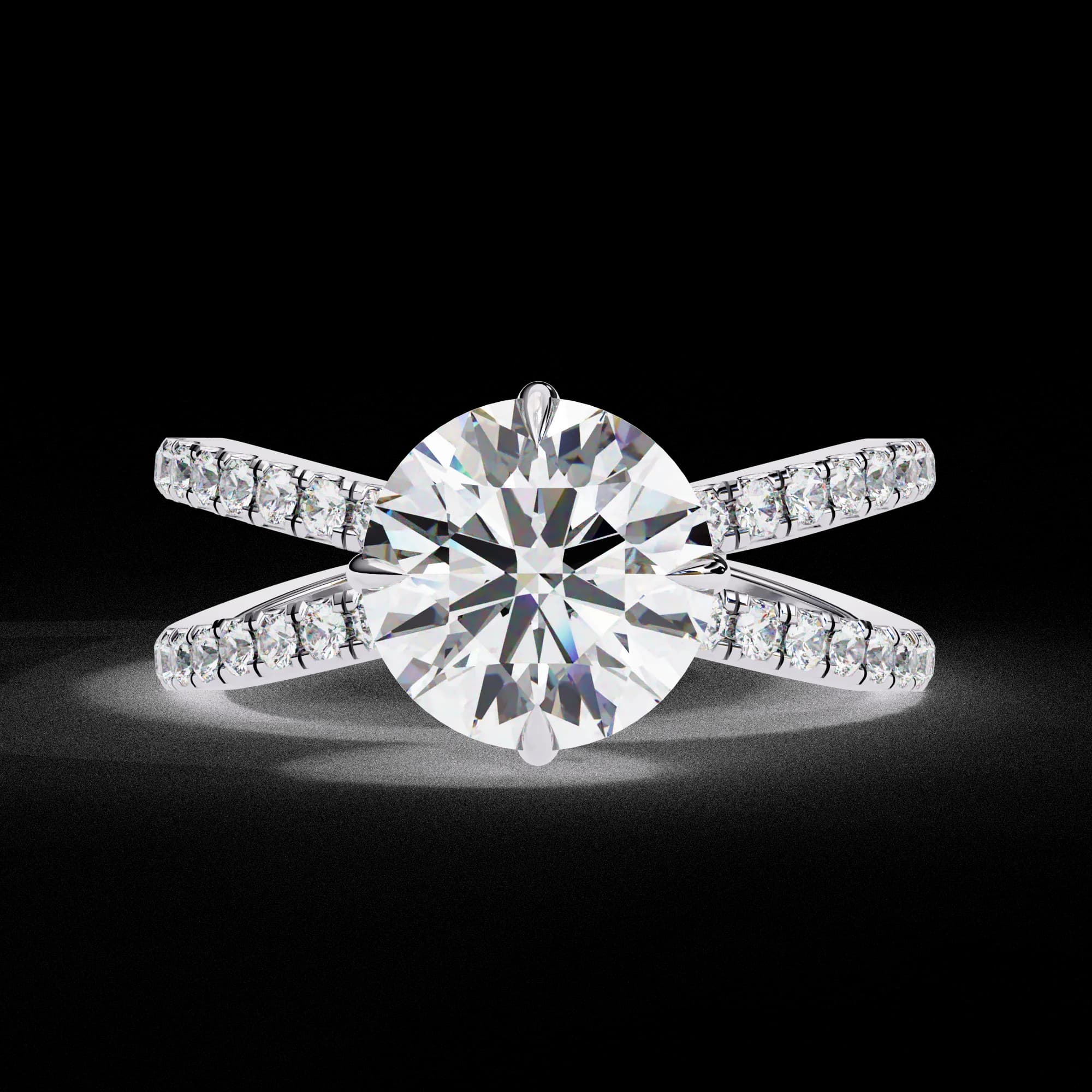 Round lab grown diamond criss-cross pavé engagement ring in white gold, front view