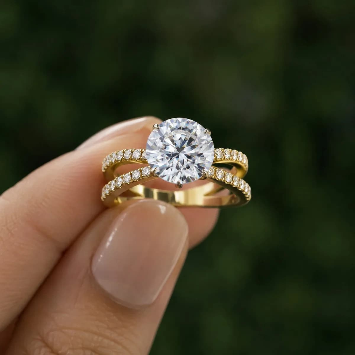 Round lab grown diamond criss-cross pavé engagement ring in yellow gold held between fingertips