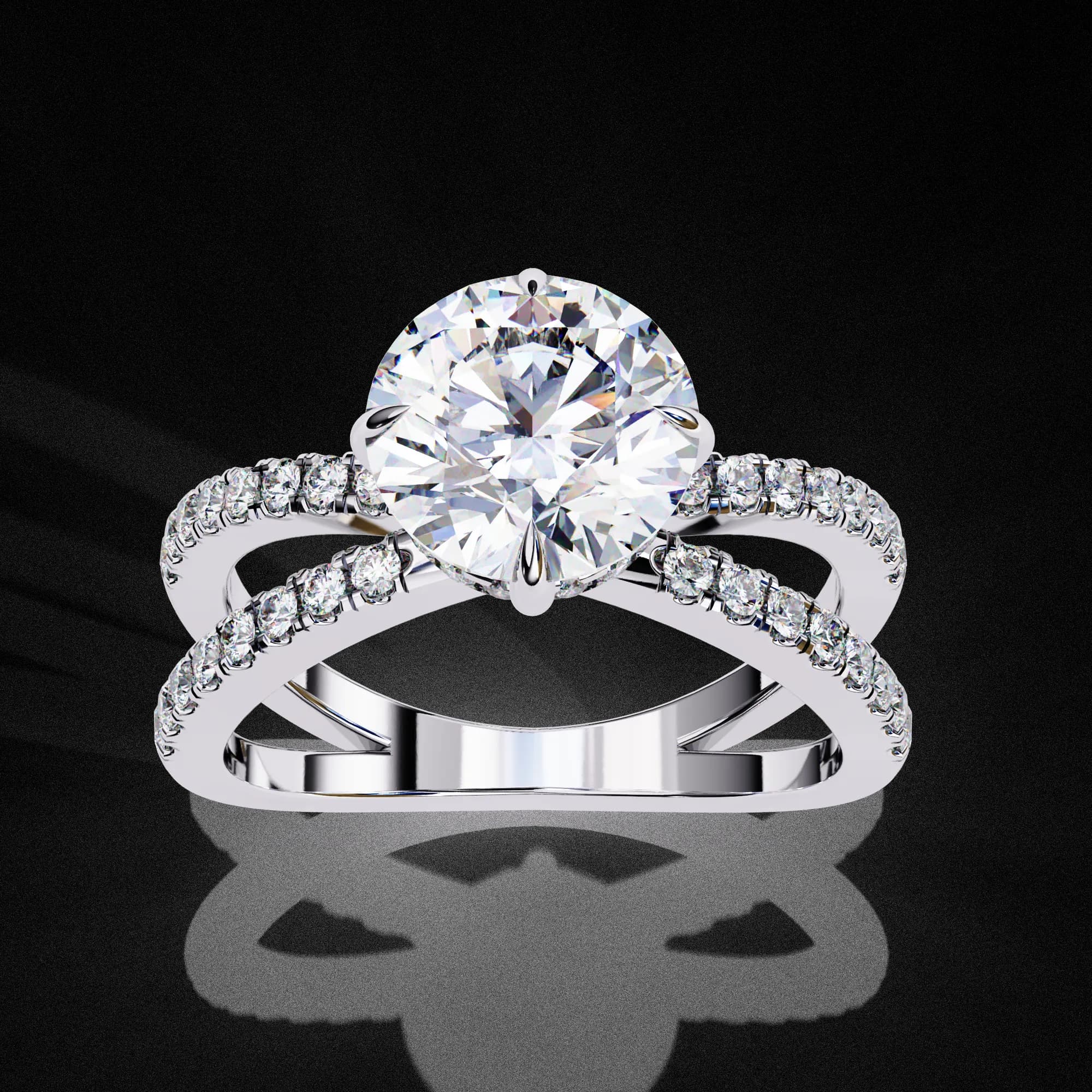 Round lab grown diamond criss-cross pavé engagement ring in white gold, angled view
