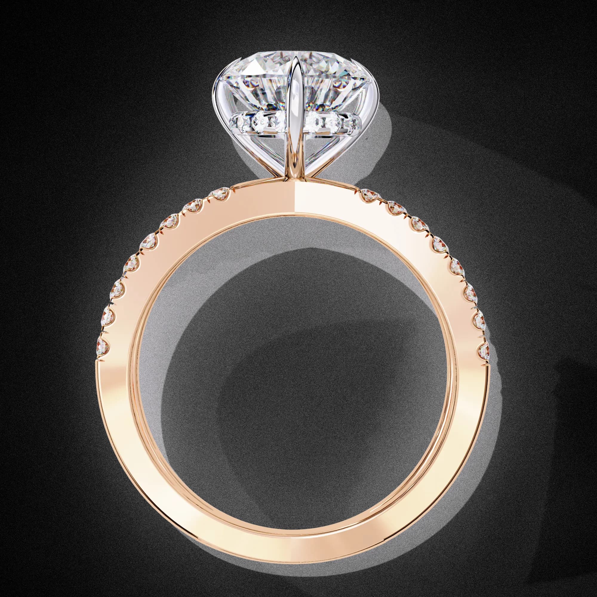 Round lab grown diamond criss-cross pavé engagement ring in rose gold, through-finger view