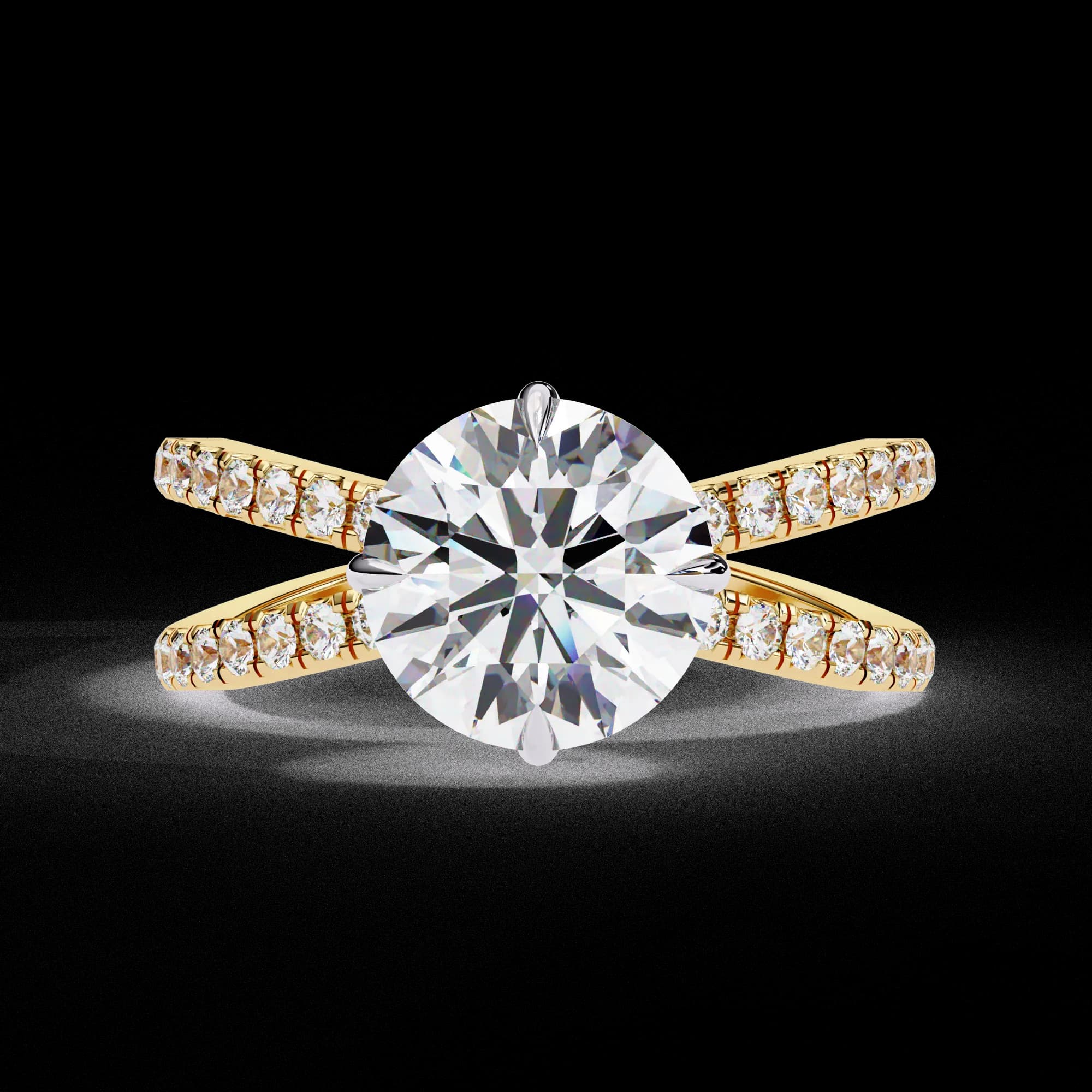 Round lab grown diamond criss-cross pavé engagement ring in yellow gold, front view