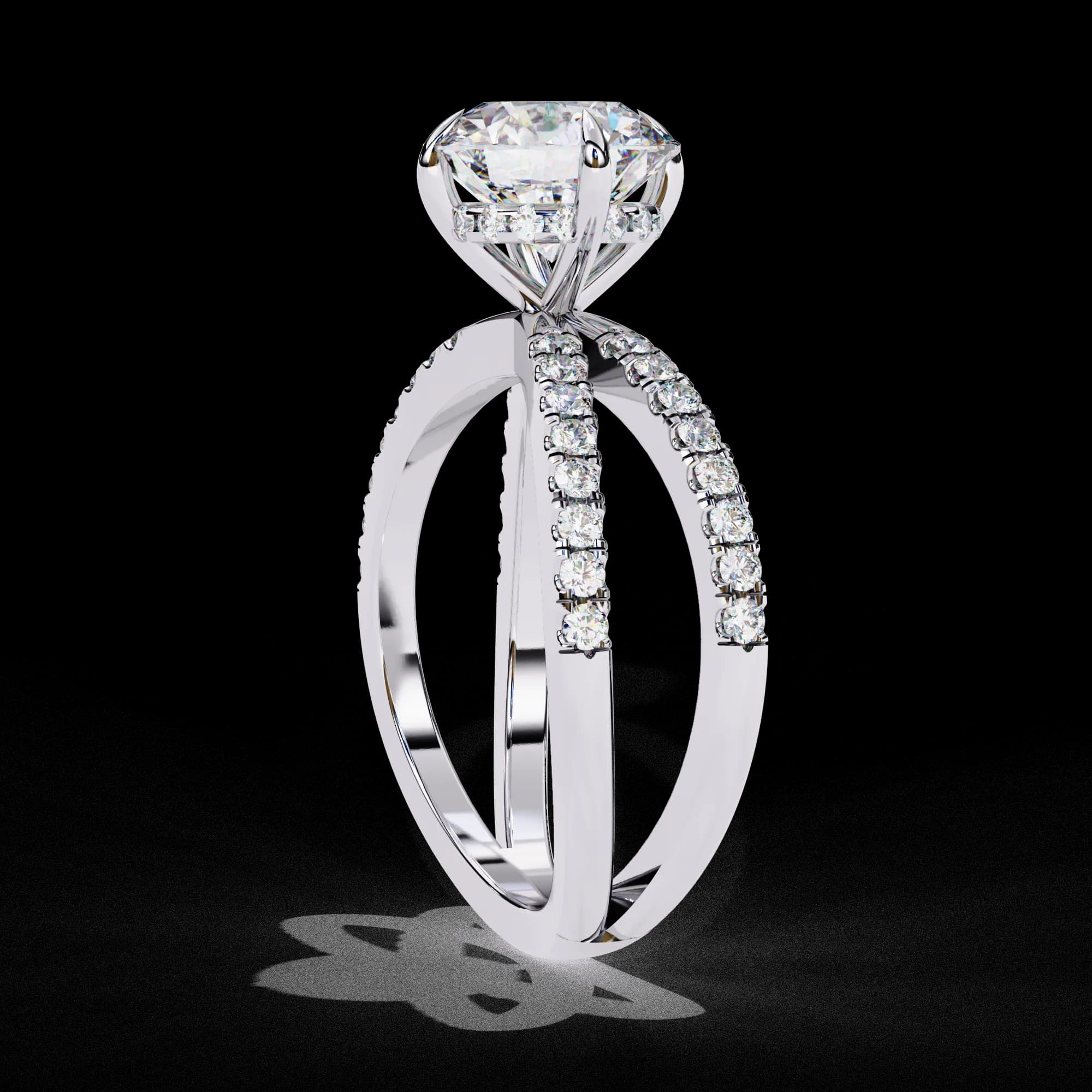 Round lab grown diamond criss-cross pavé engagement ring in white gold, side profile view