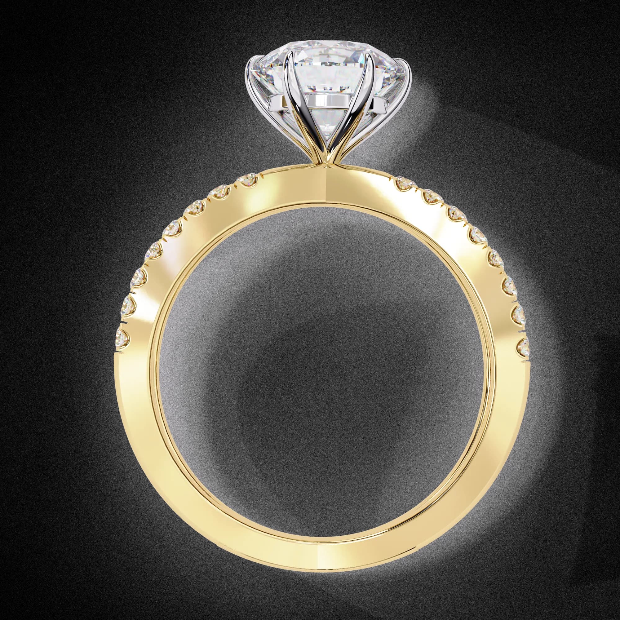 Round lab grown diamond criss-cross pavé engagement ring in yellow gold, through-finger view