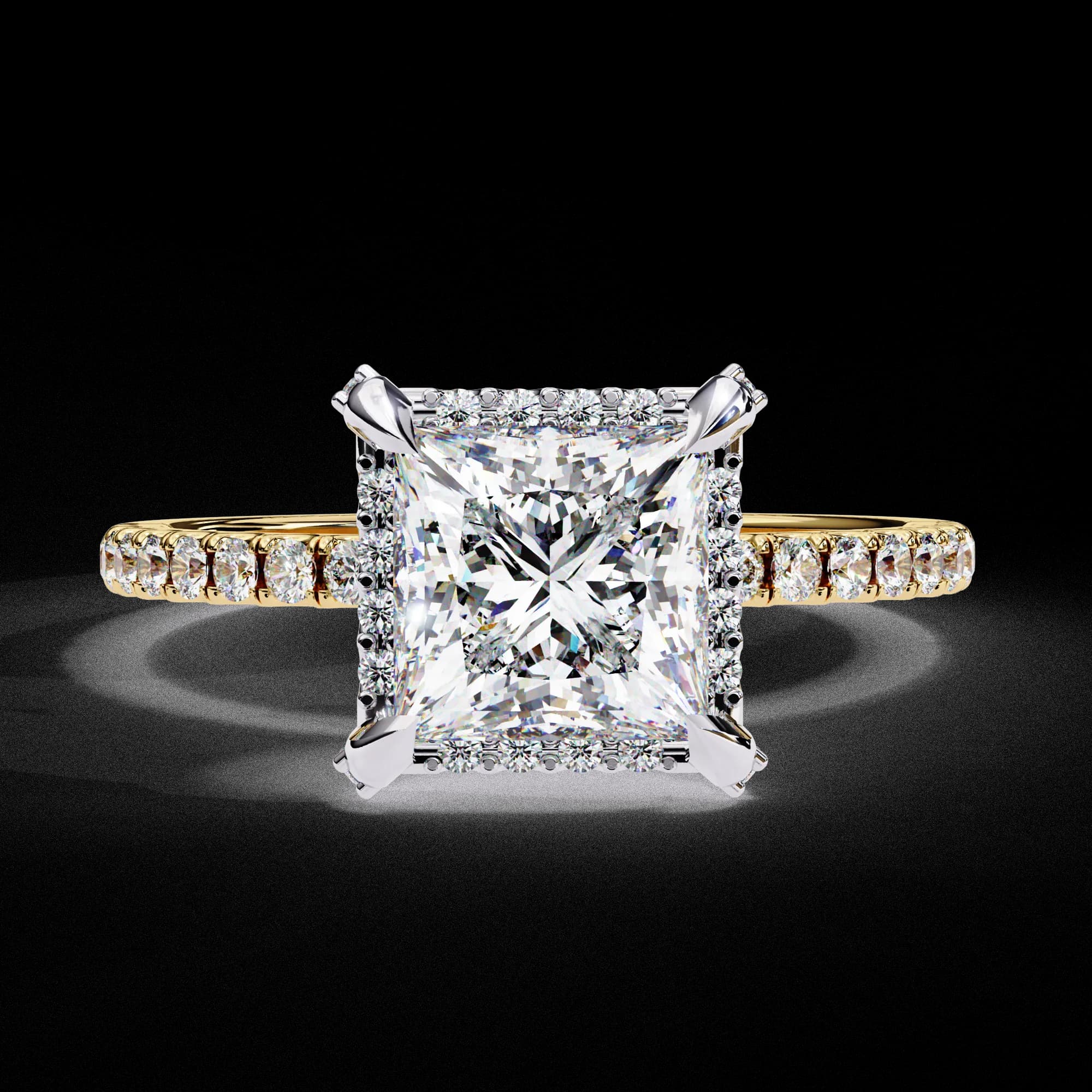 Princess cut lab grown diamond low halo engagement ring with pavé band in yellow gold, front view