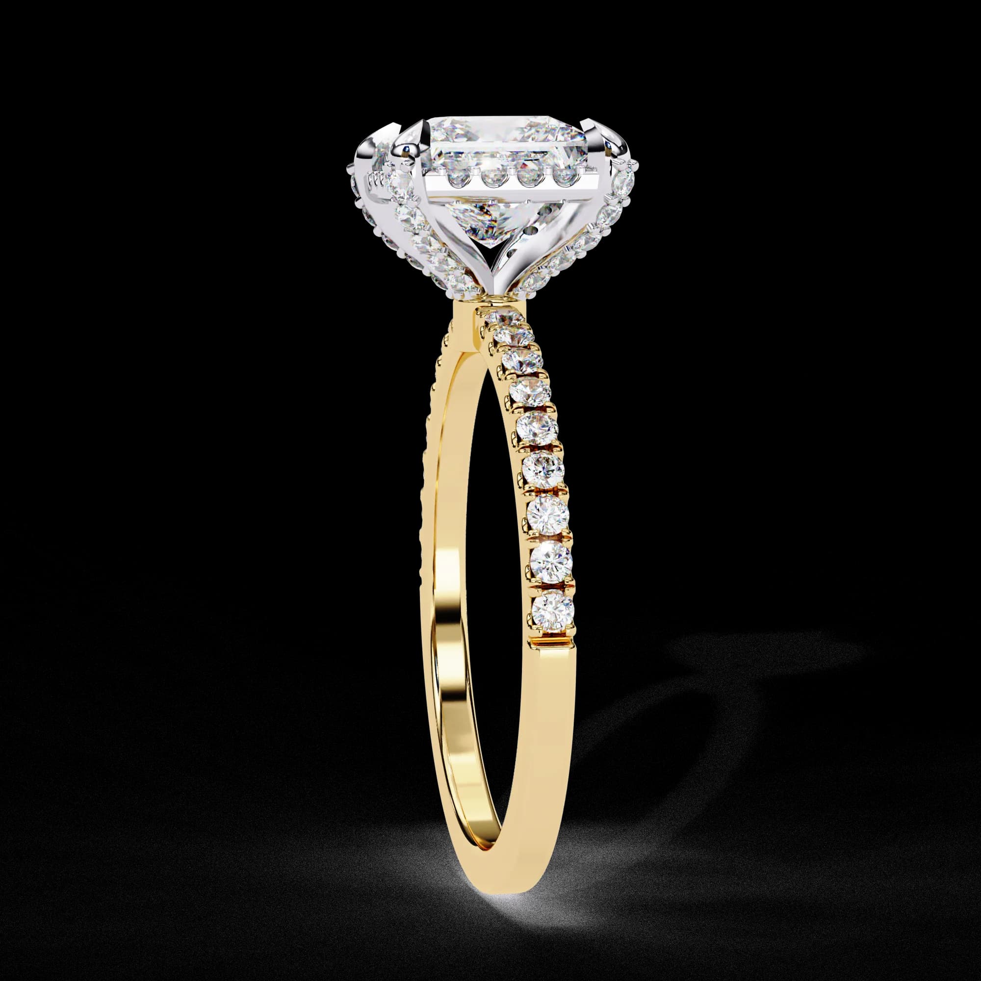 Princess cut lab grown diamond low halo engagement ring with pavé band in yellow gold, side profile view