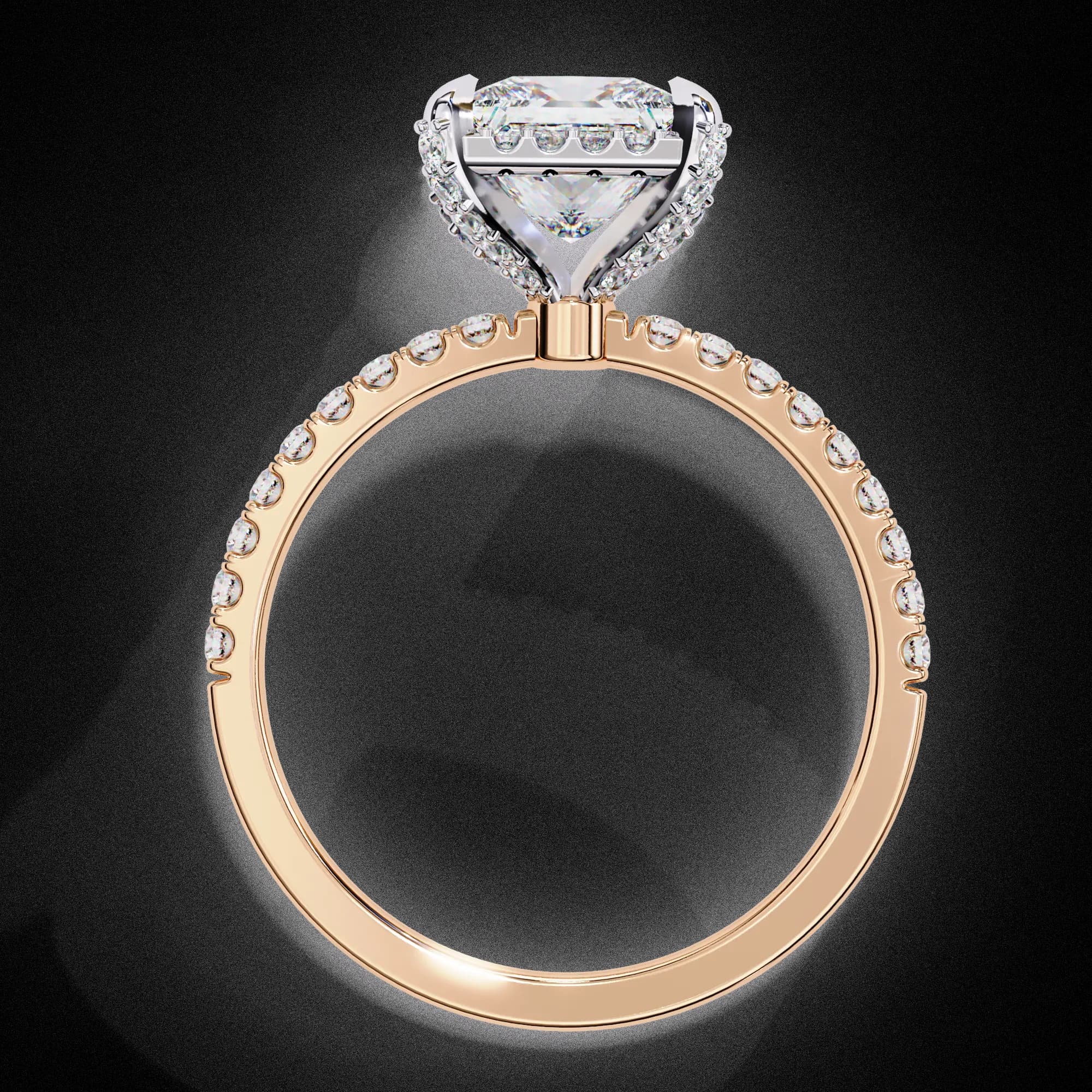 Princess cut lab grown diamond low halo engagement ring with pavé band in rose gold, through-finger view