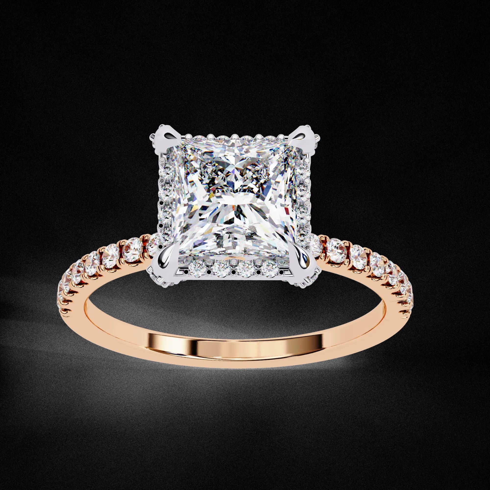 Princess cut lab grown diamond low halo engagement ring with pavé band in rose gold, angled view