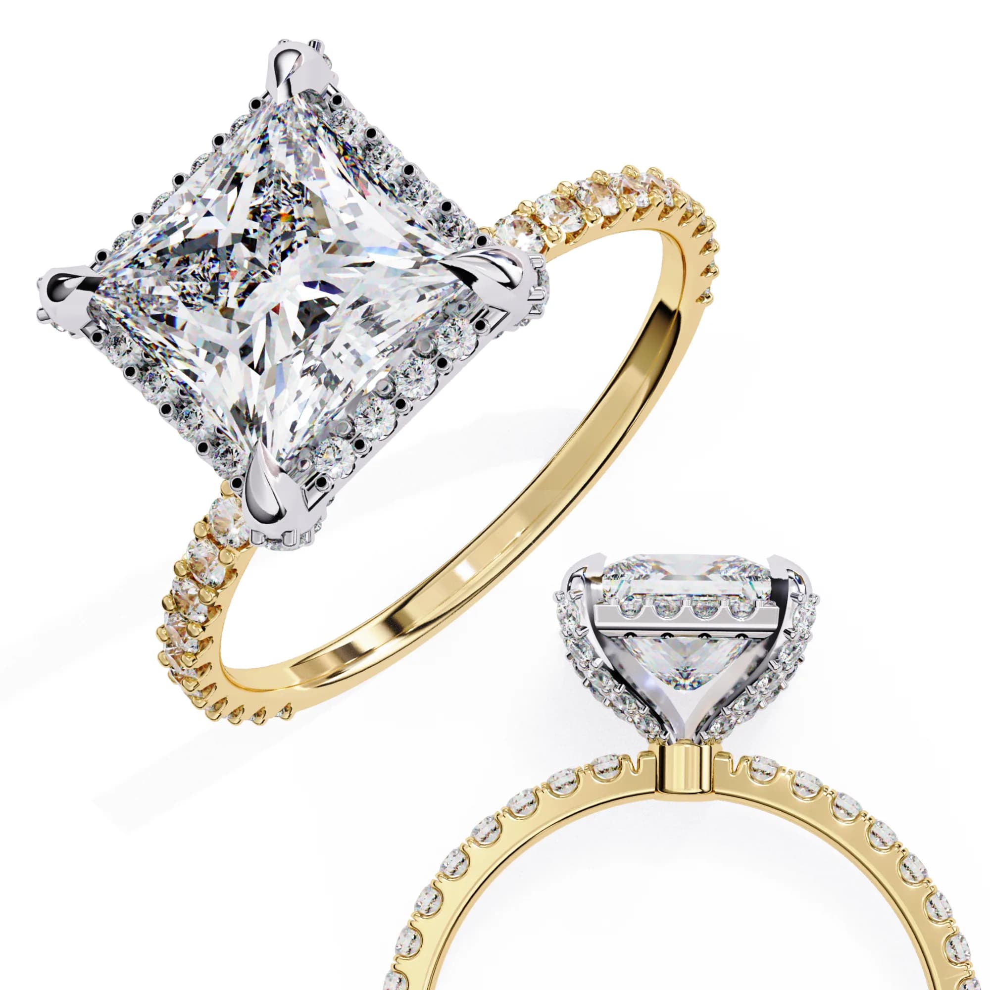 Princess cut low halo pavé engagement ring in yellow gold, angled and through-finger views together