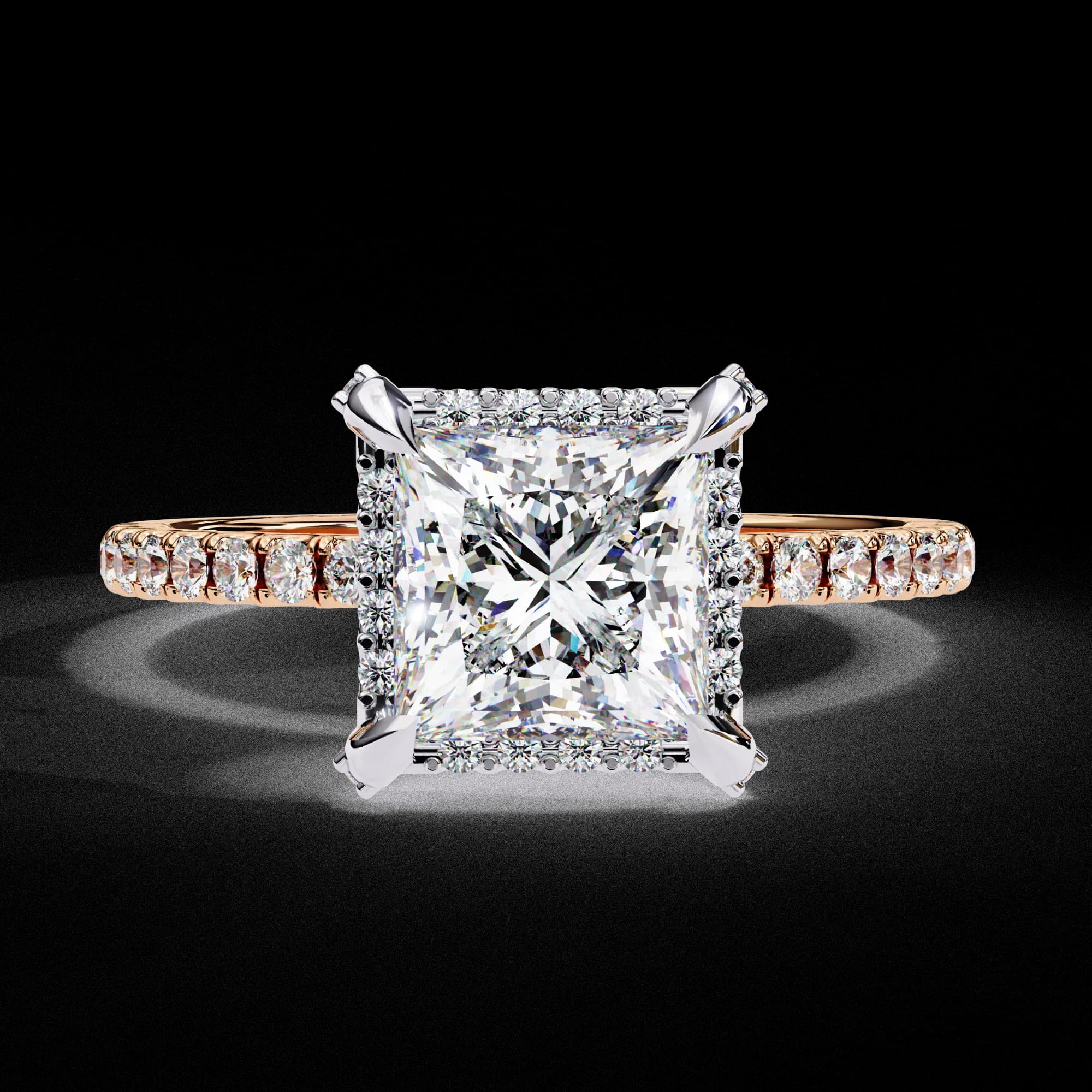 Princess cut lab grown diamond low halo engagement ring with pavé band in rose gold, front view