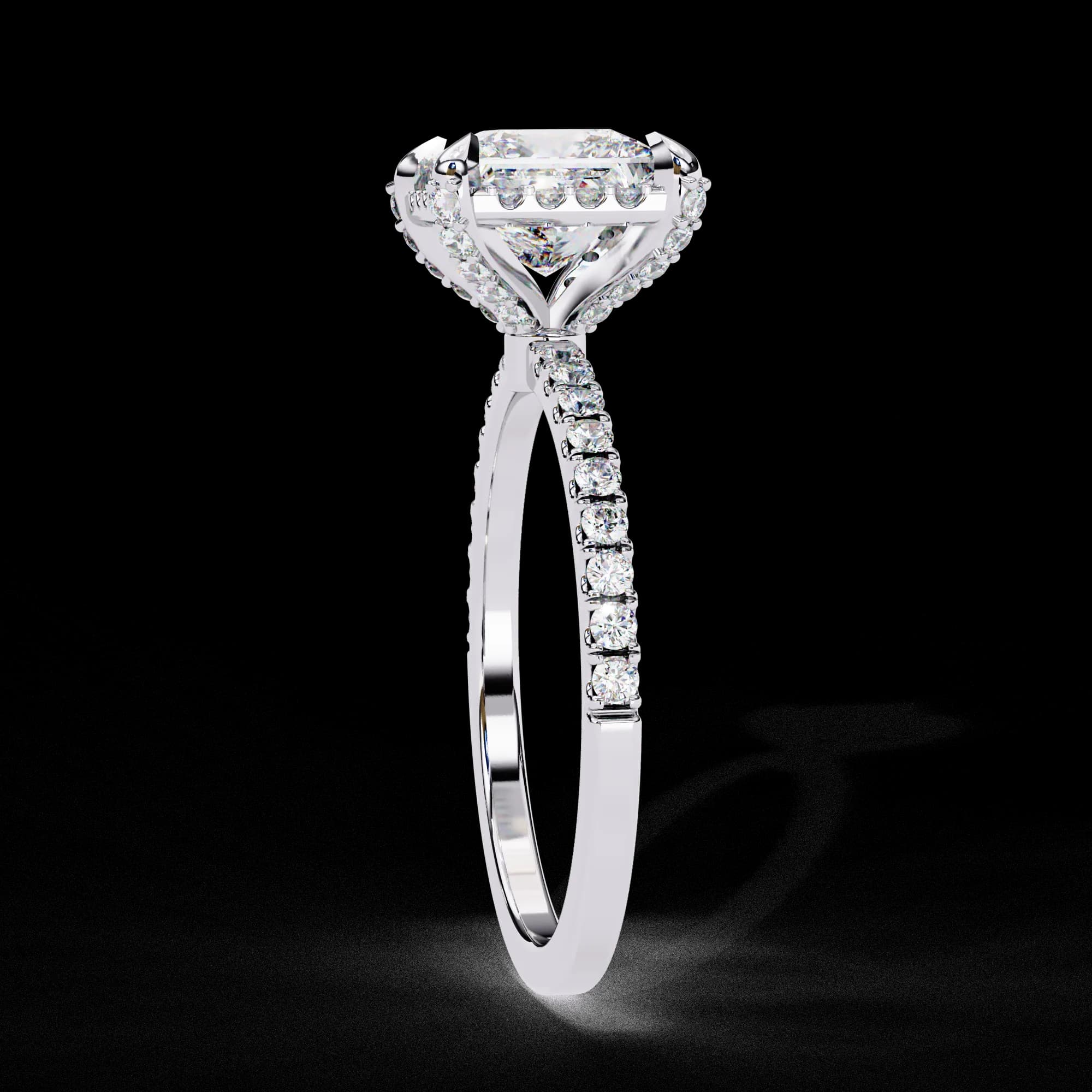 Princess cut lab grown diamond low halo engagement ring with pavé band in white gold, side profile view
