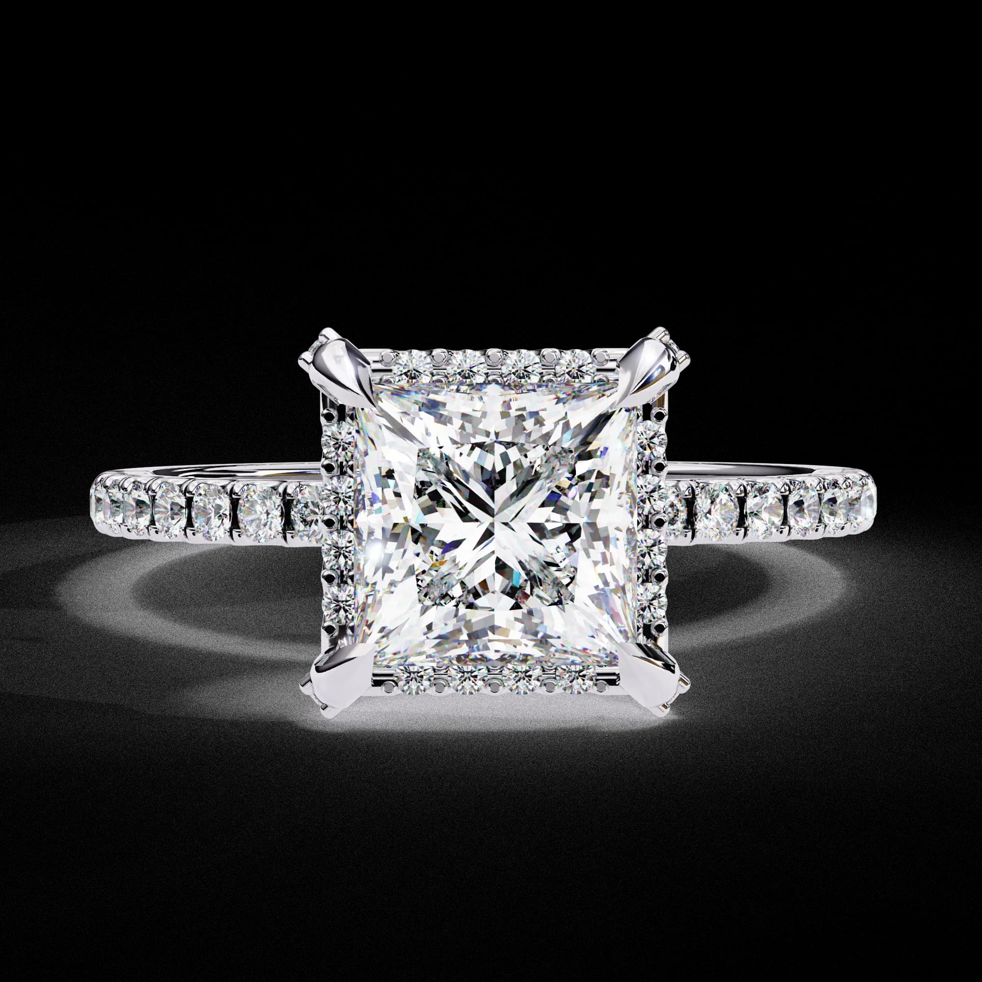 Princess cut lab grown diamond low halo engagement ring with pavé band in white gold, front view