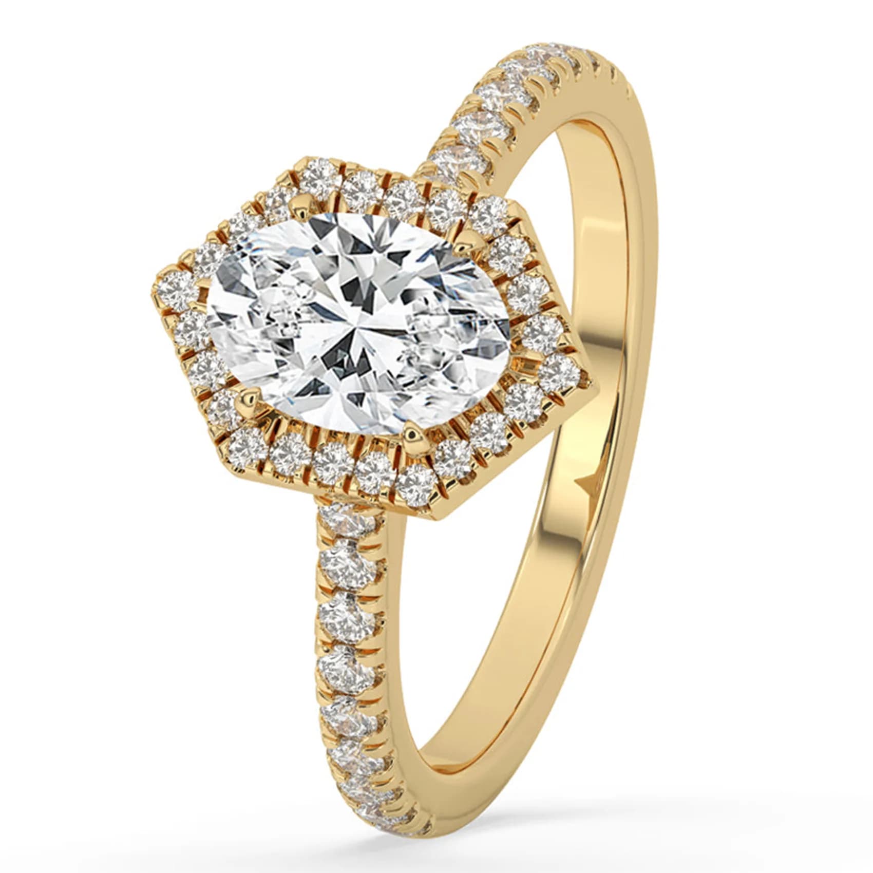 Angled view of the oval hexagon halo engagement ring in yellow gold