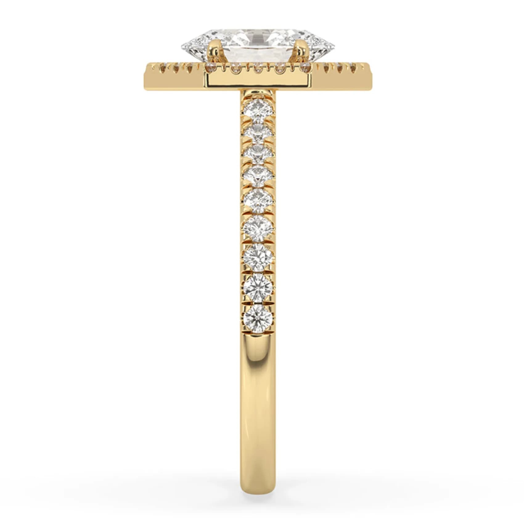 Side profile of the hexagon halo and pavé shank in yellow gold