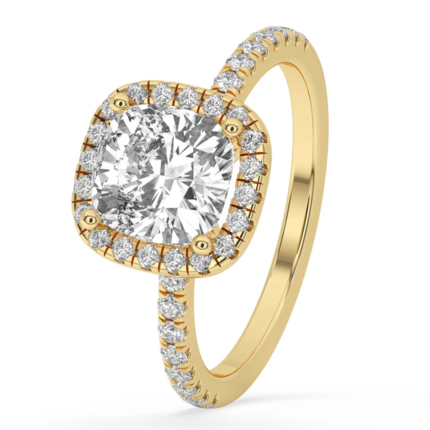 Angled view of the cushion halo engagement ring in yellow gold