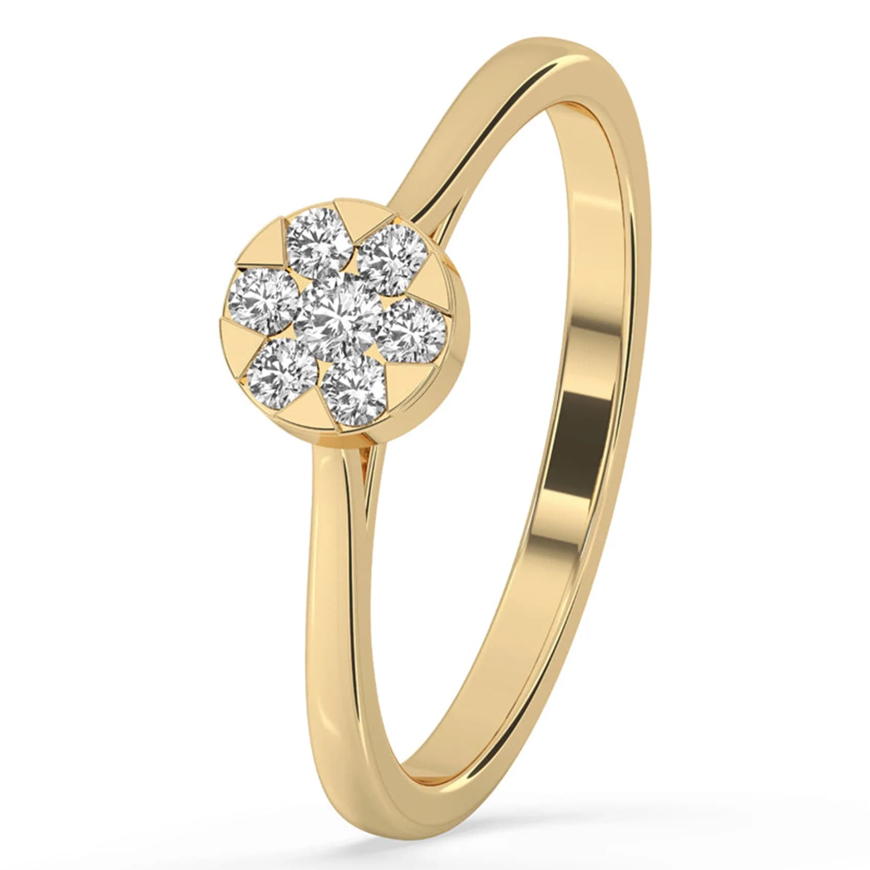 Angled view of the flower cluster ring in yellow gold