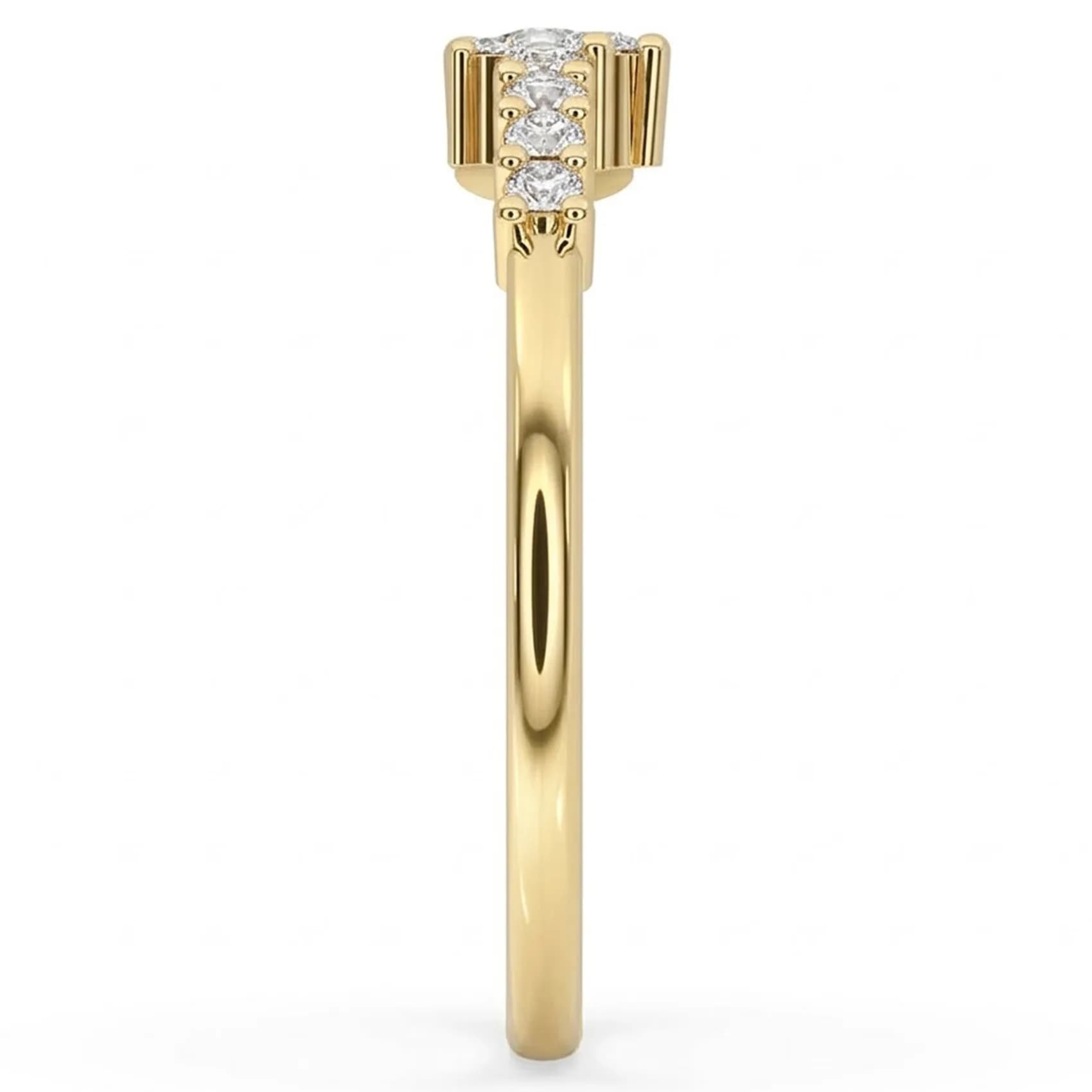 Side profile of the asymmetric cluster ring in yellow gold, showing the low cluster setting