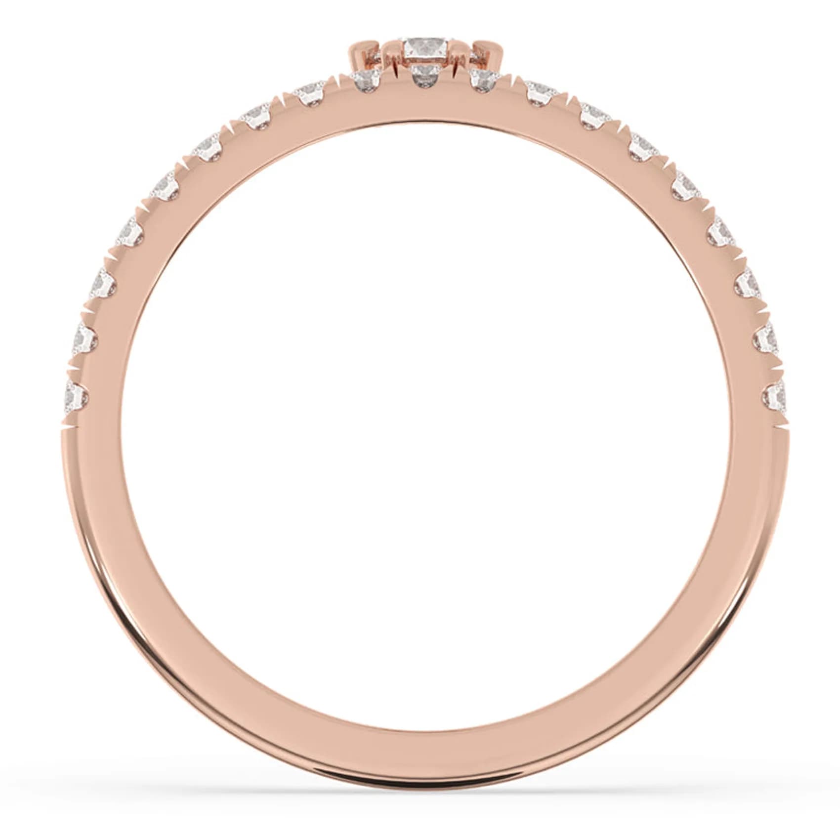Through-finger view of the drop solitaire pavé ring in rose gold, showing the pavé-set band