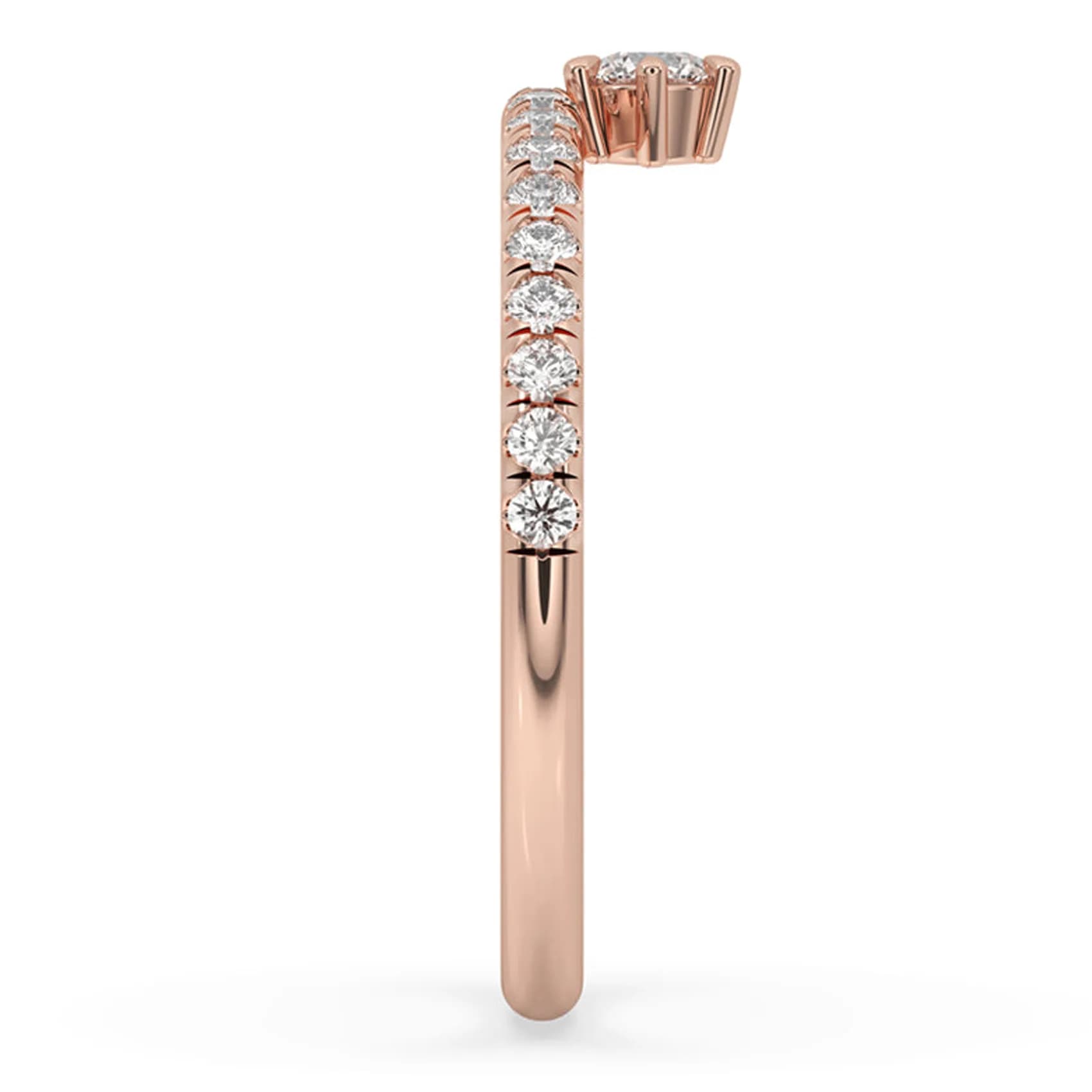 Side profile of the drop solitaire pavé ring in rose gold, showing the solitaire below the band