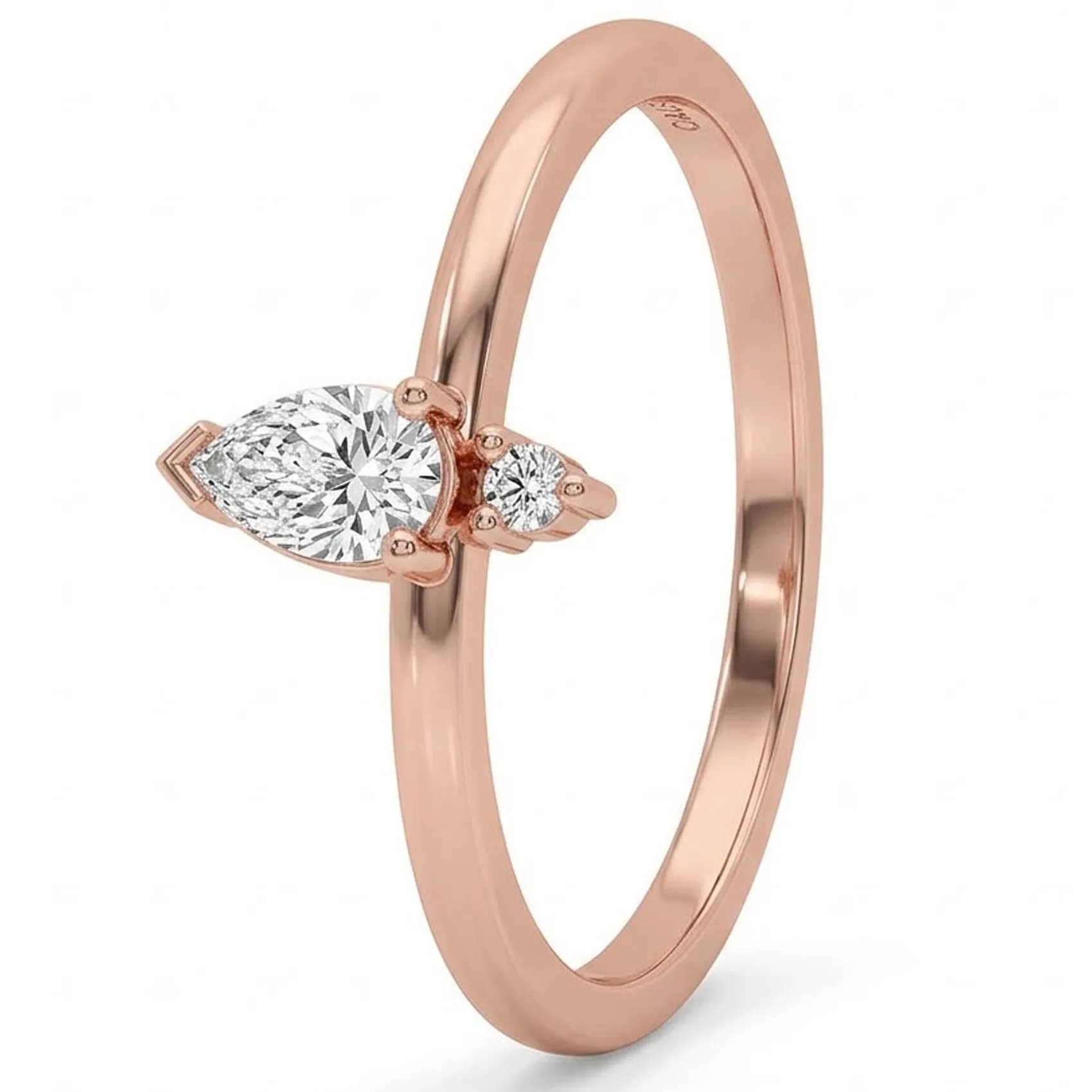 Angled view of the pear two stone ring in rose gold