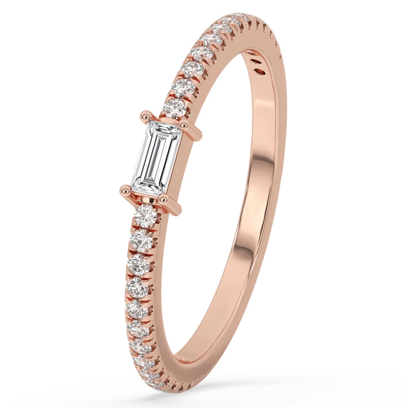 Angled view of the east west baguette ring in rose gold