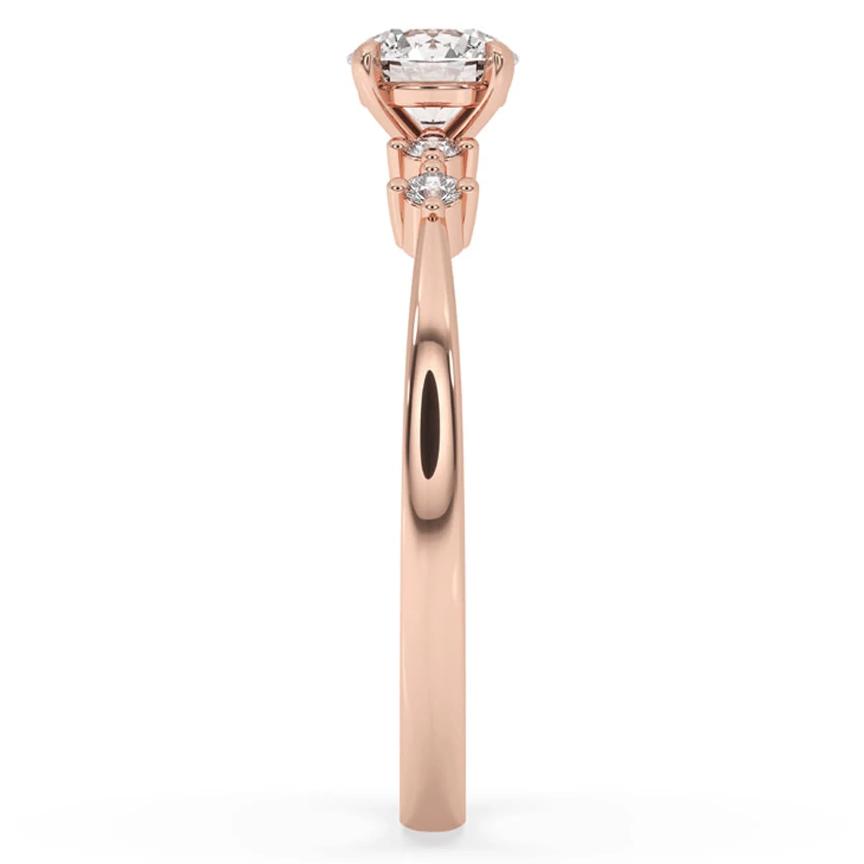 Side profile of the round five stone ring in rose gold, showing the four-claw head