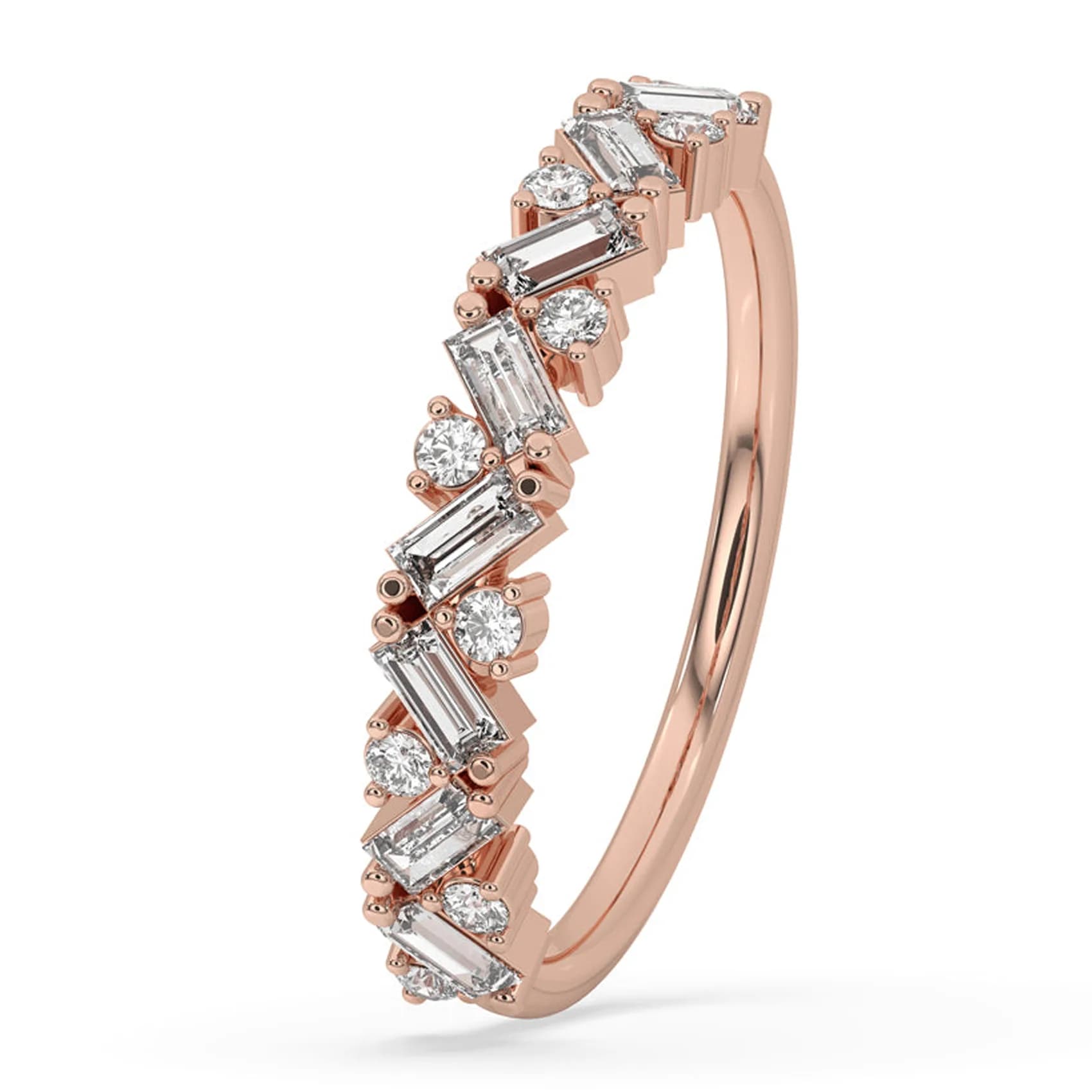 Angled view of the zigzag half eternity band in rose gold