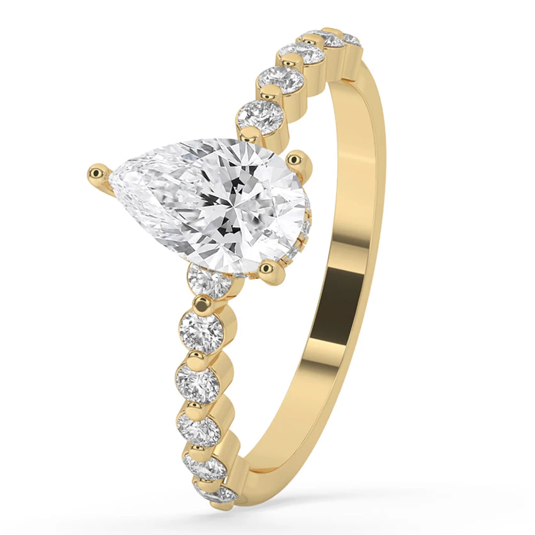 Angled view of the pear hidden halo ring in yellow gold