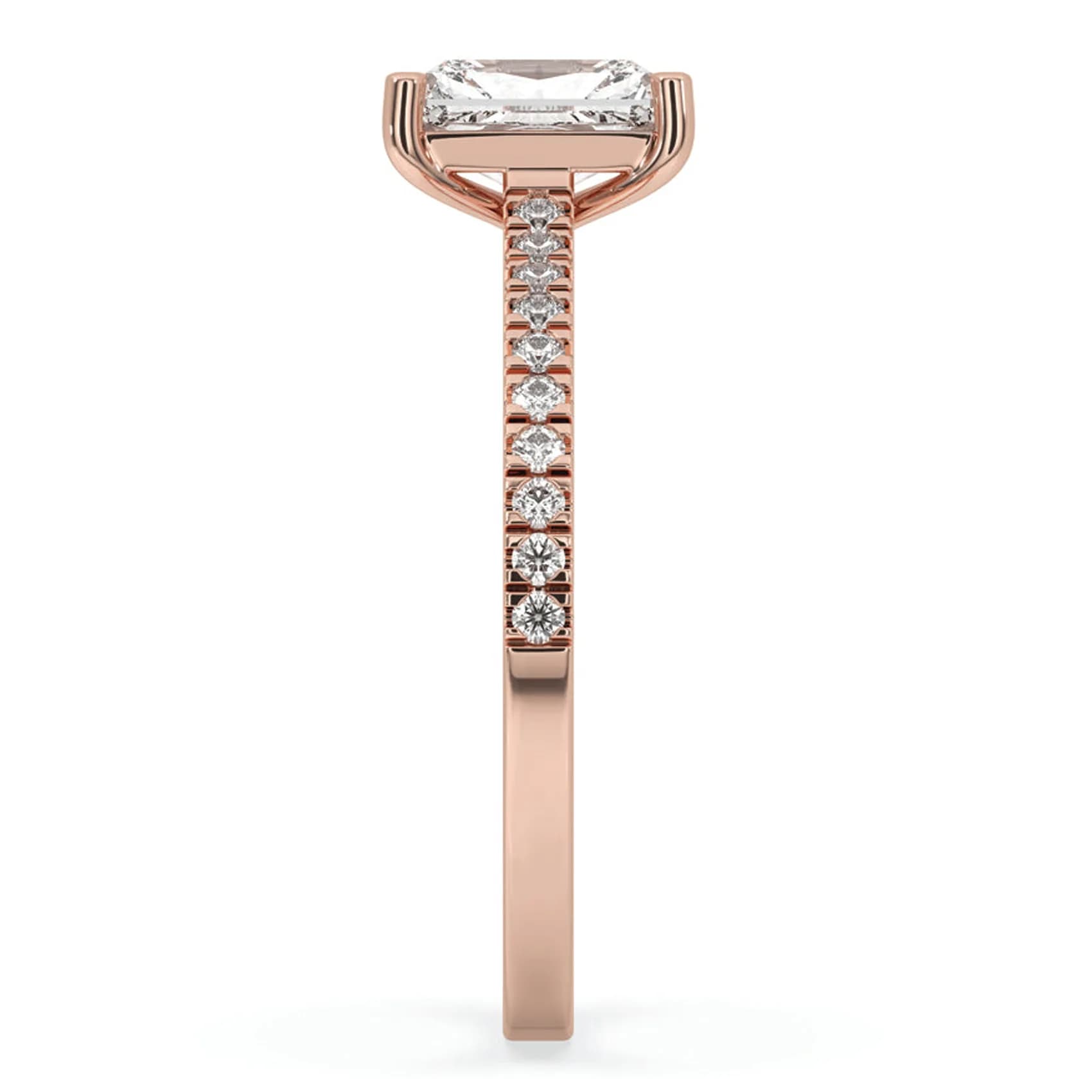Side profile of the radiant pavé solitaire in rose gold, showing the pavé shank