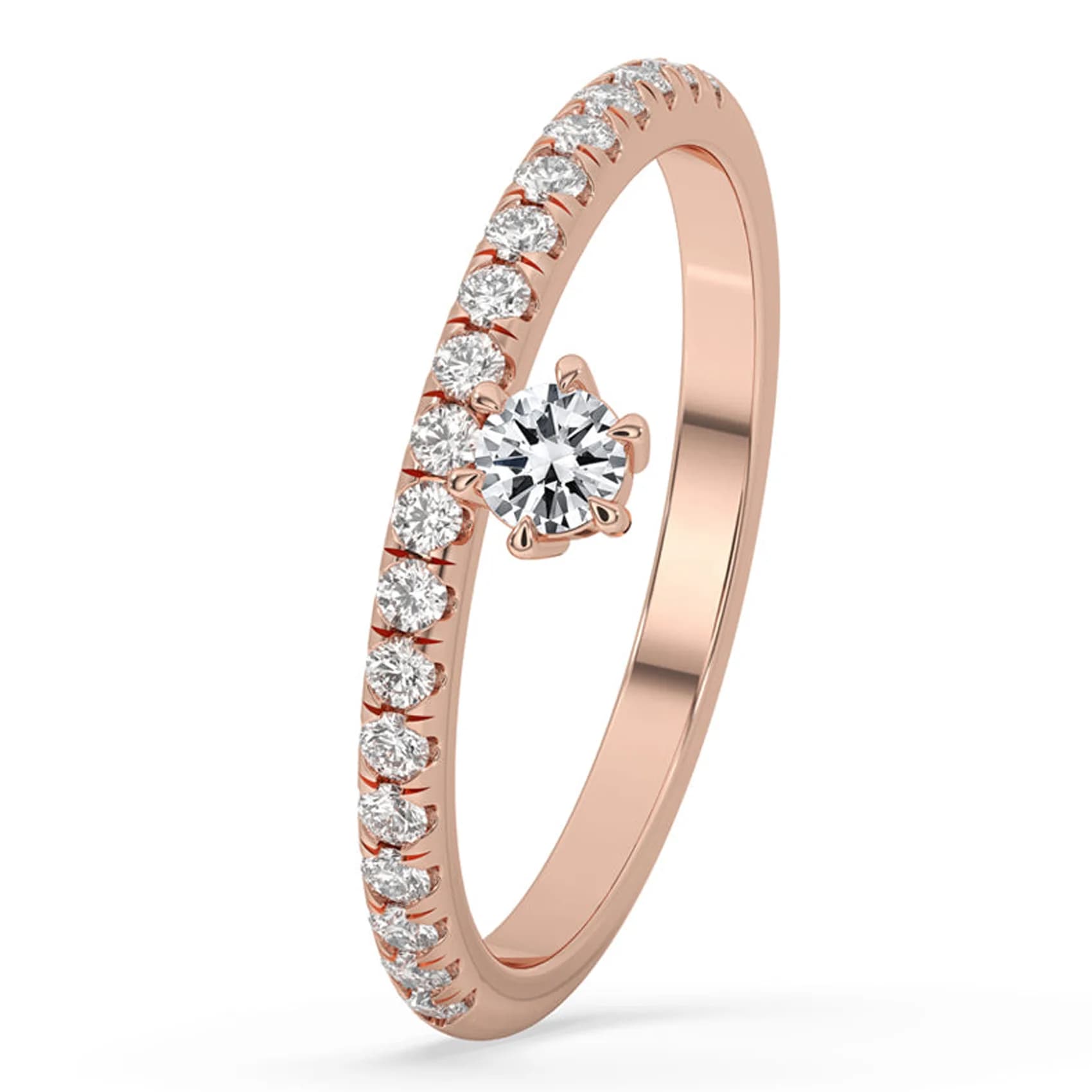 Angled view of the offset round solitaire pavé ring in rose gold