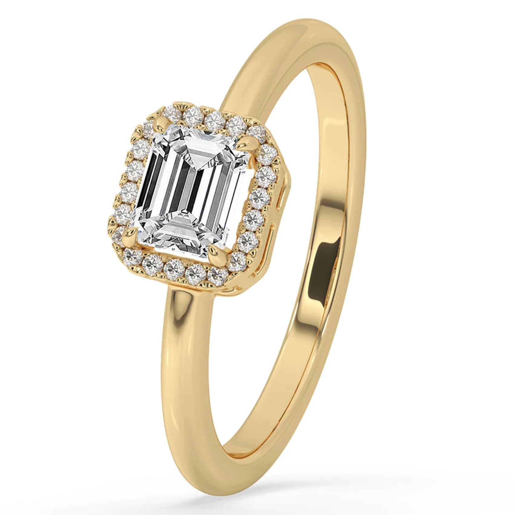 Angled view of the emerald cut halo engagement ring in yellow gold