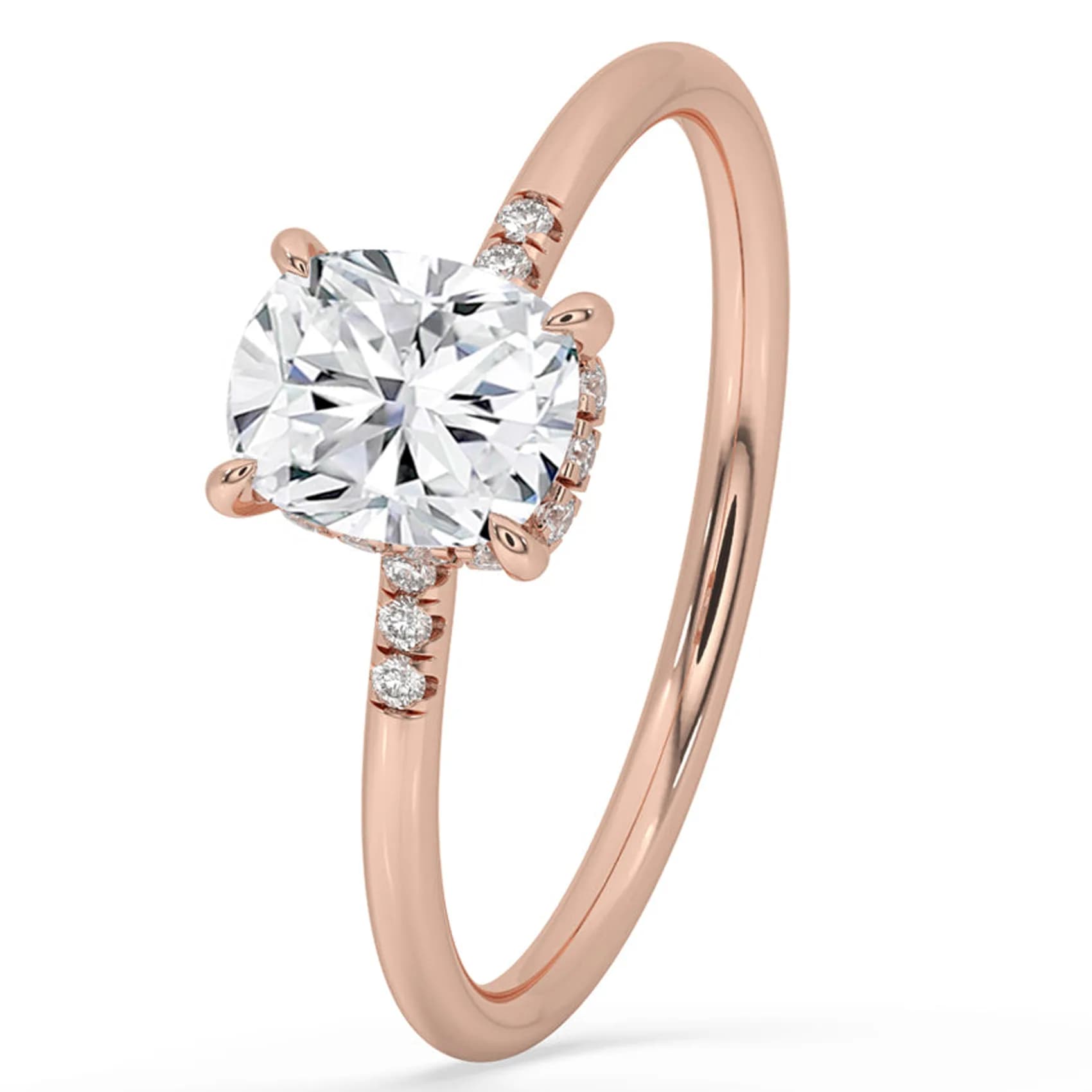 Angled view of the elongated cushion hidden halo ring in rose gold