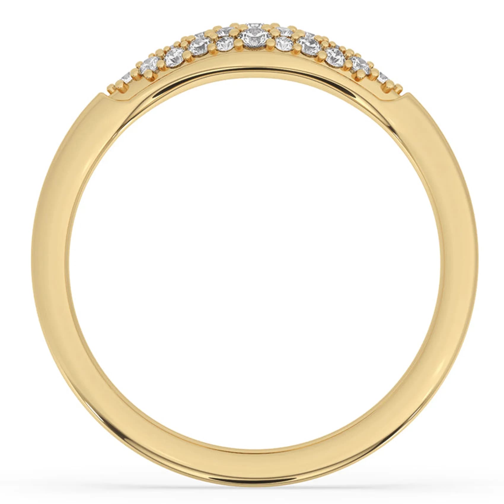 Through-finger view of the pavé diamond signet ring in yellow gold
