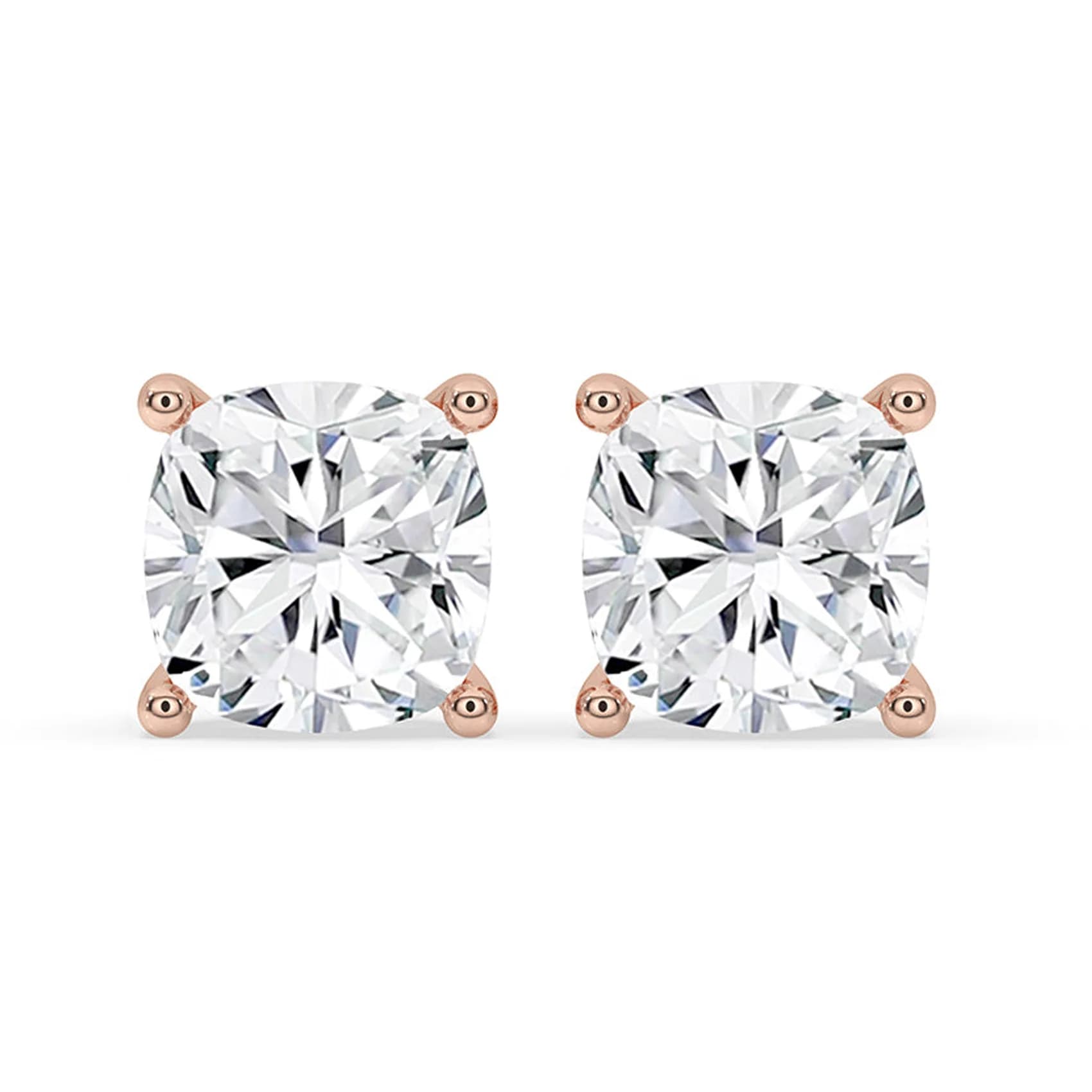 Front view of the cushion cut lab grown diamond stud earrings in rose gold