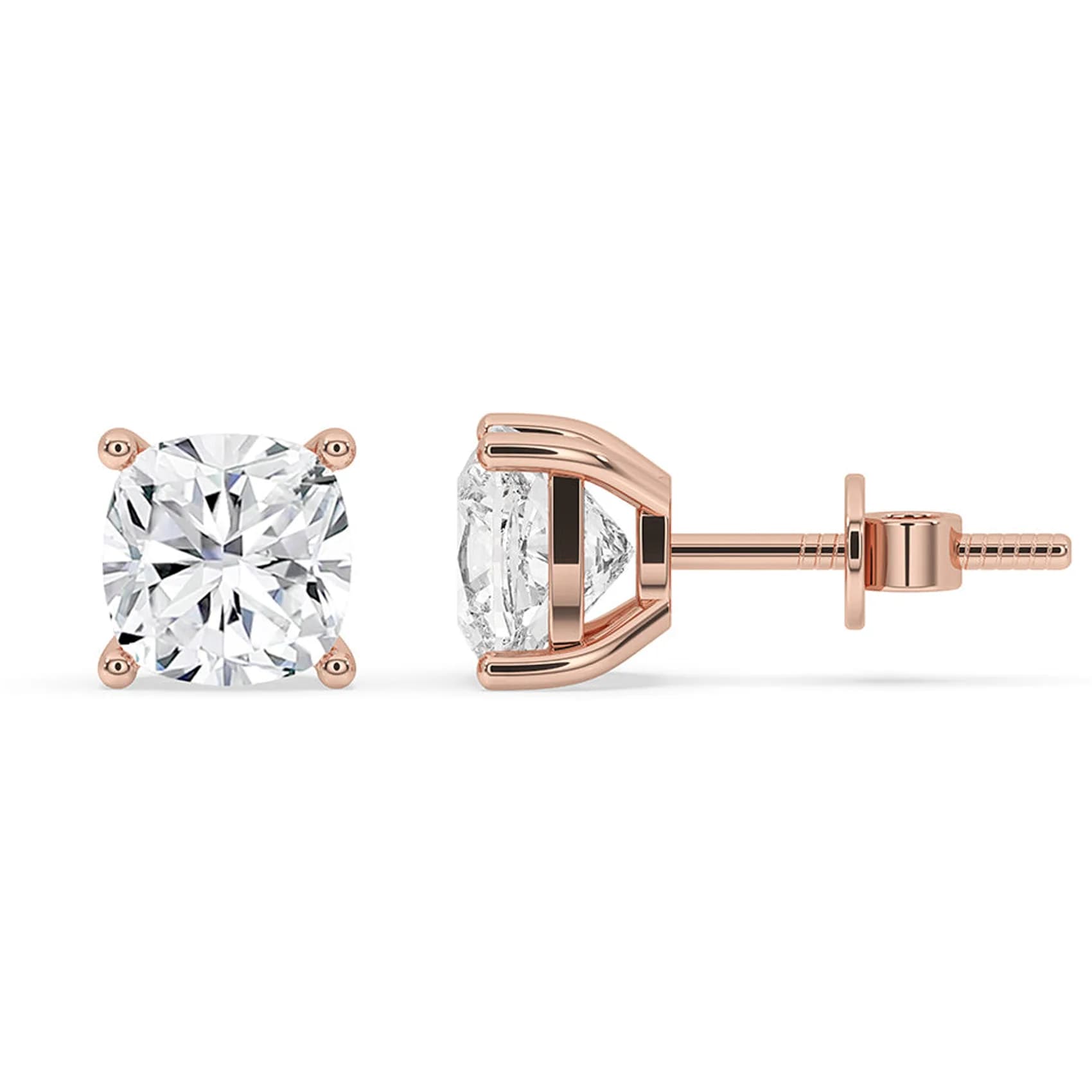 Side profile of the cushion cut lab grown diamond stud earrings in rose gold, showing the post