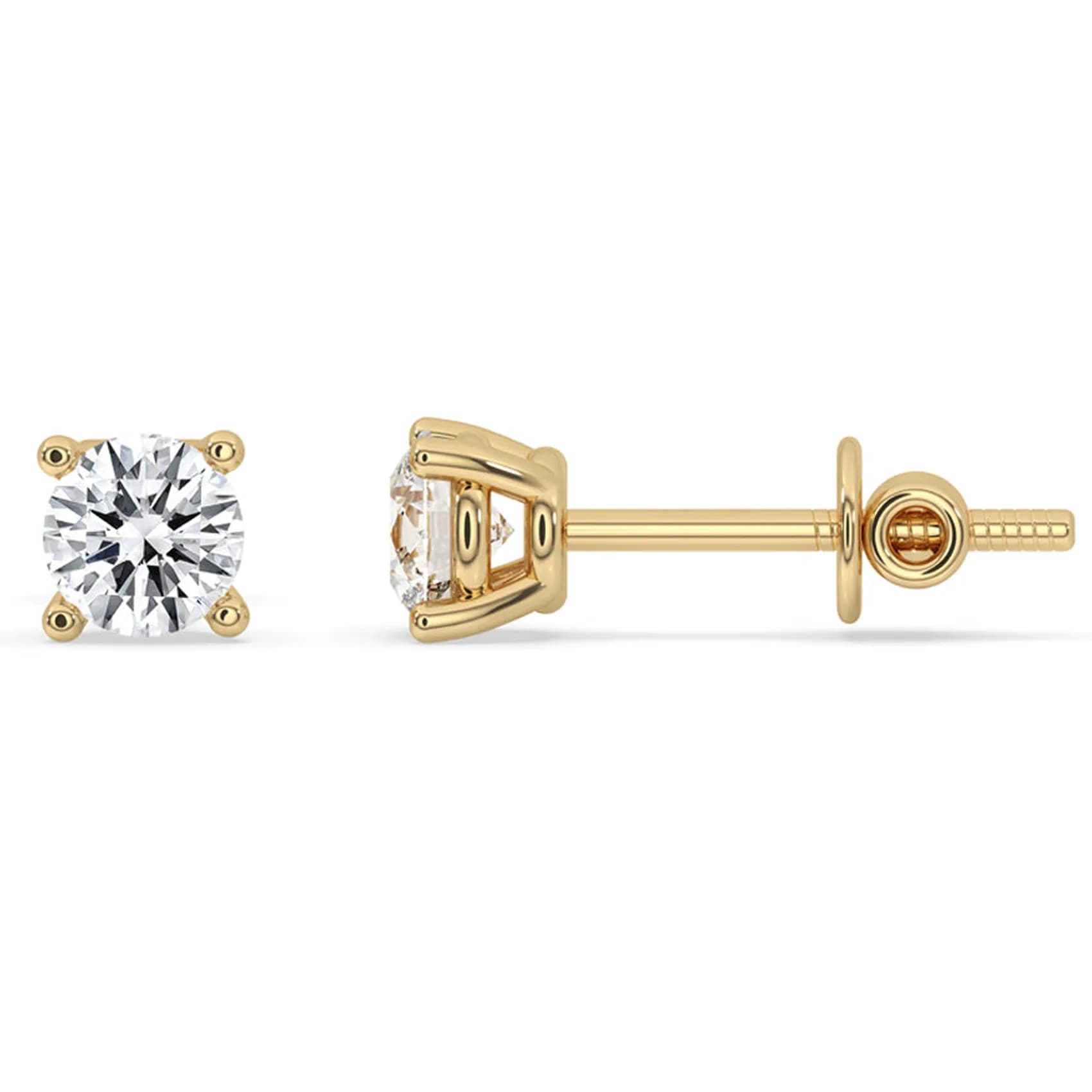 Side profile of the round lab grown diamond four-claw stud earrings in yellow gold, showing the post