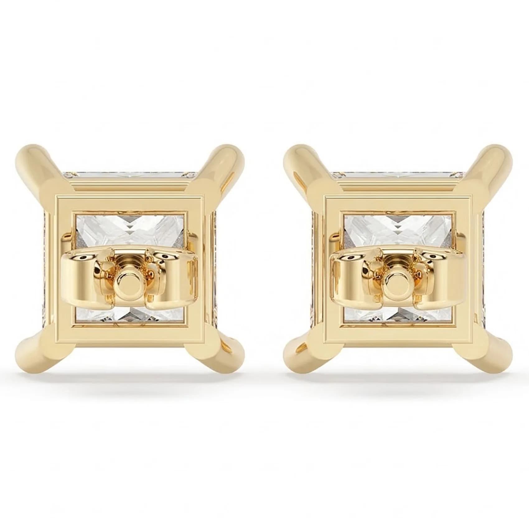 Back view of the princess cut lab grown diamond stud earrings in yellow gold, showing the claw gallery