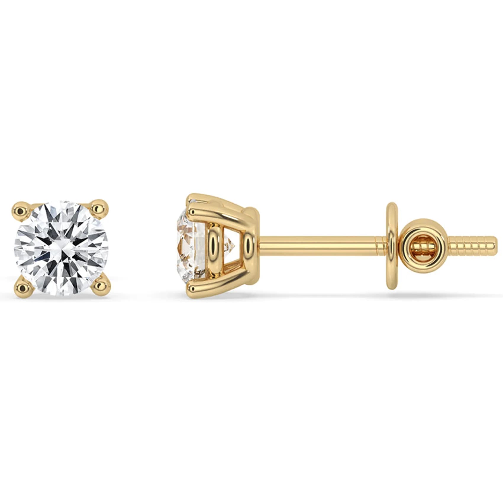 Side profile of the round four-claw stud earrings in yellow gold, showing the post