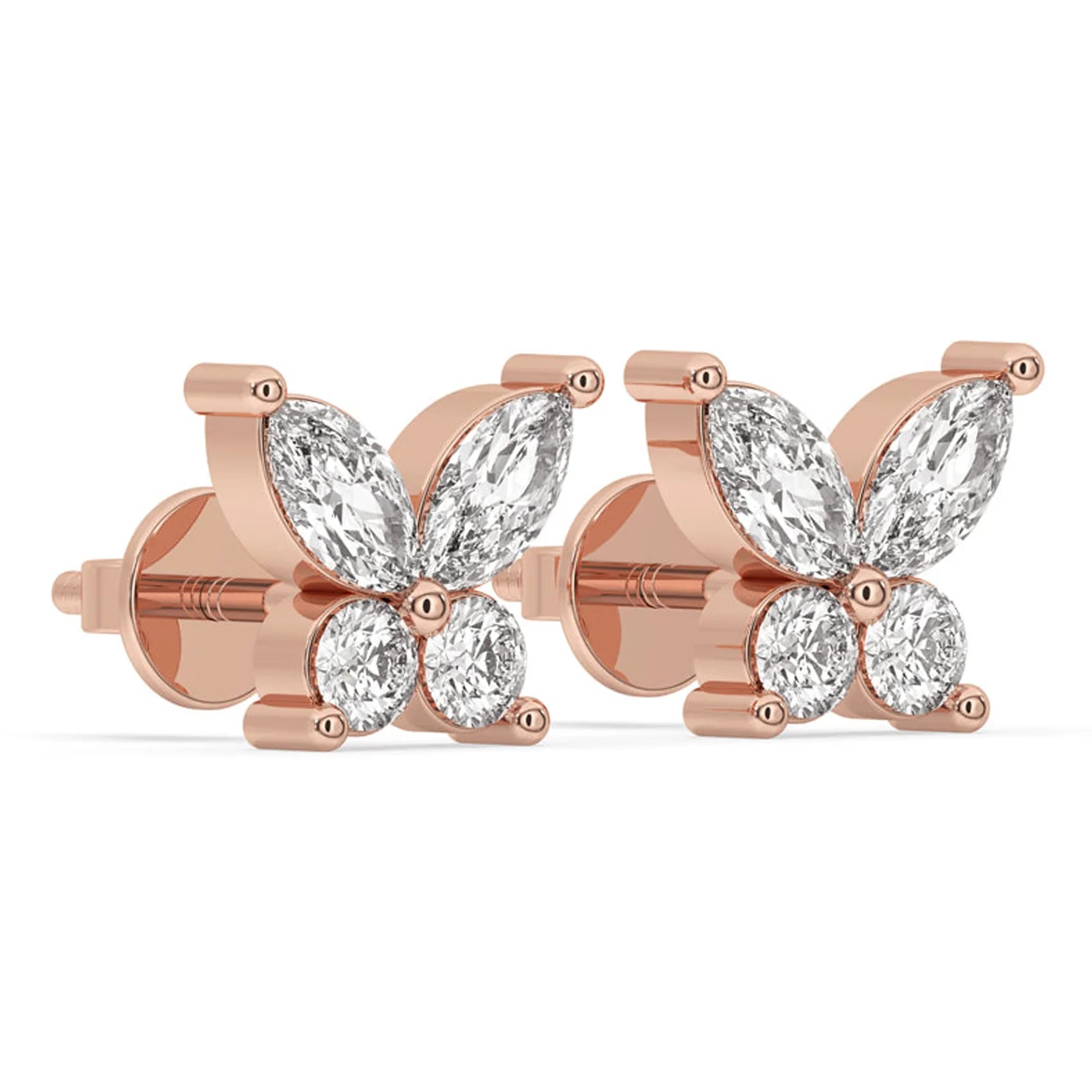 Angled view of the marquise and round diamond butterfly stud earrings in rose gold
