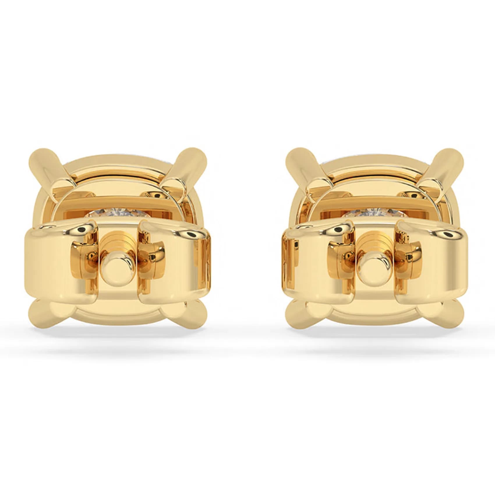 Back view of the cushion cut four-claw stud earrings in yellow gold, showing the claw gallery