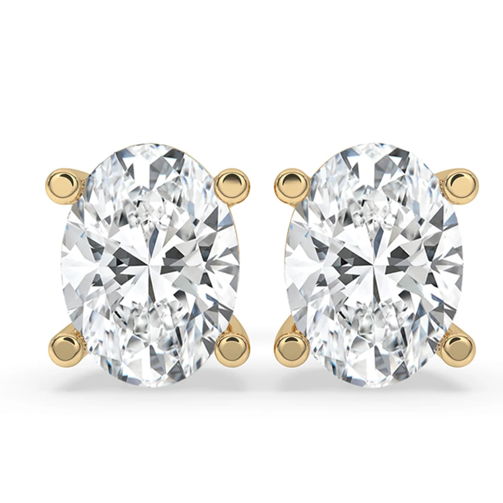 Front view of the oval lab grown diamond stud earrings in yellow gold