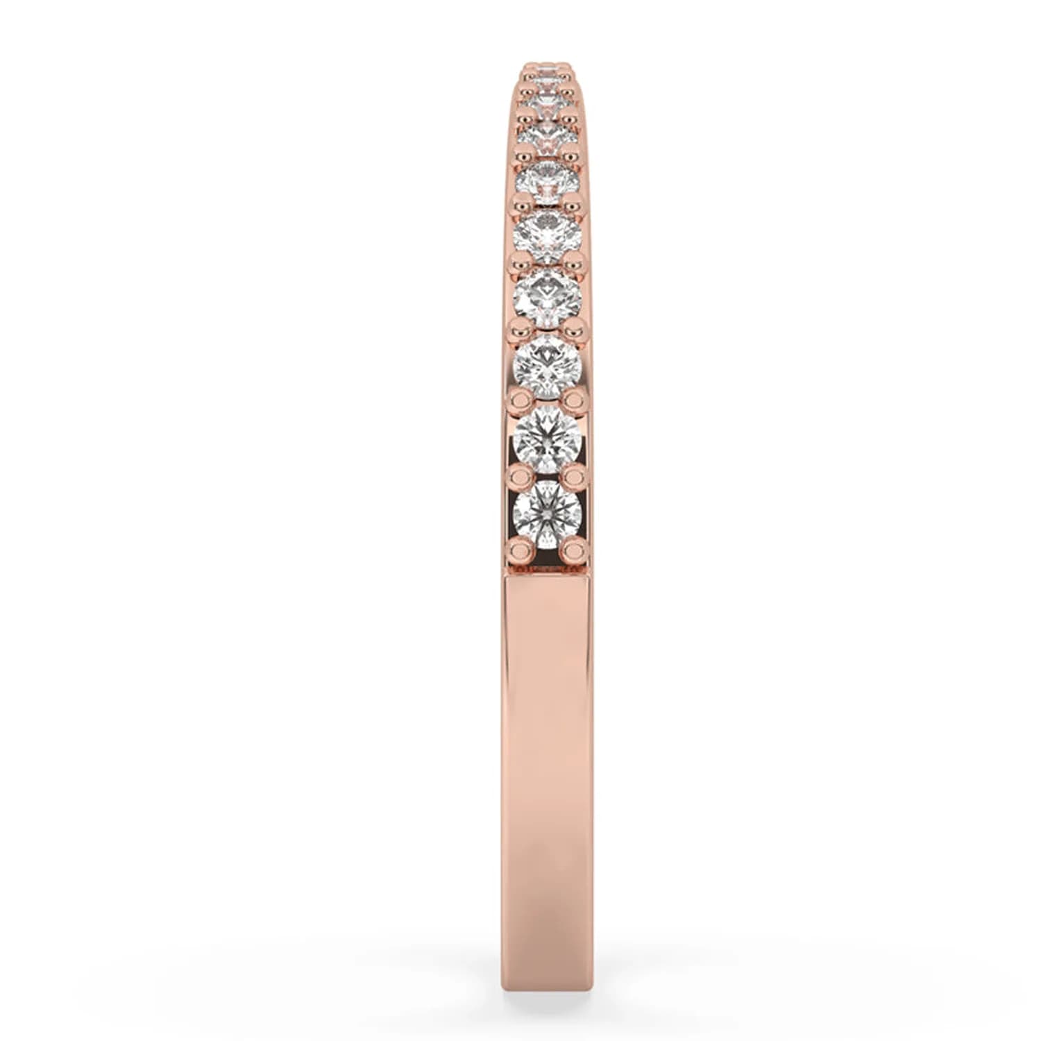 Side profile showing the claw-set round diamonds in rose gold