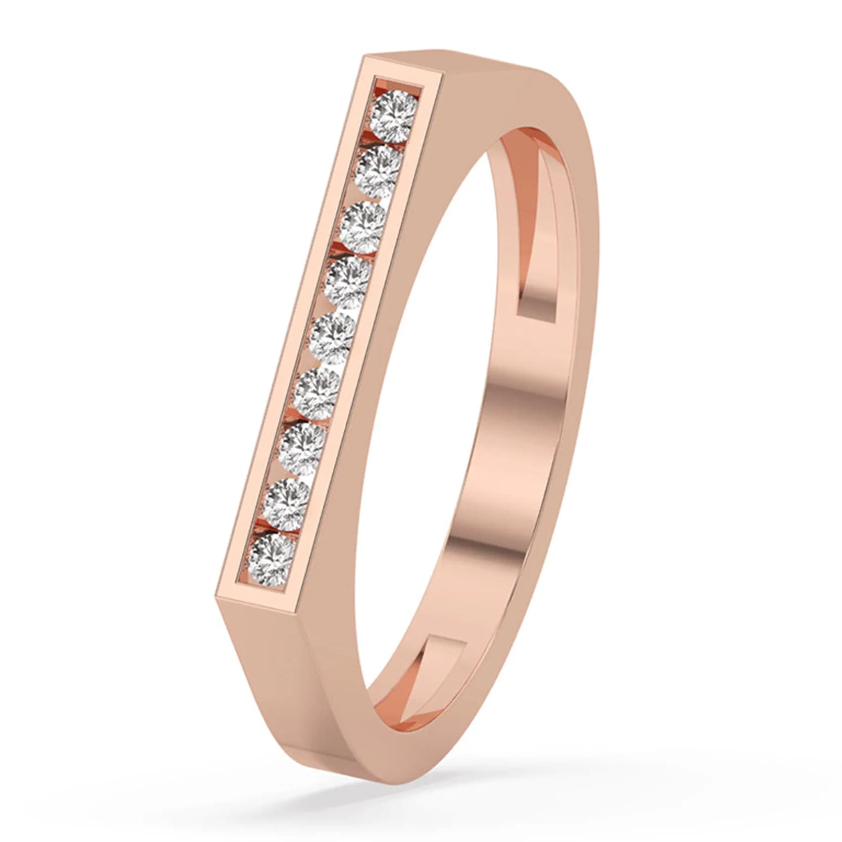 Angled view of the channel set flat top bar band in rose gold