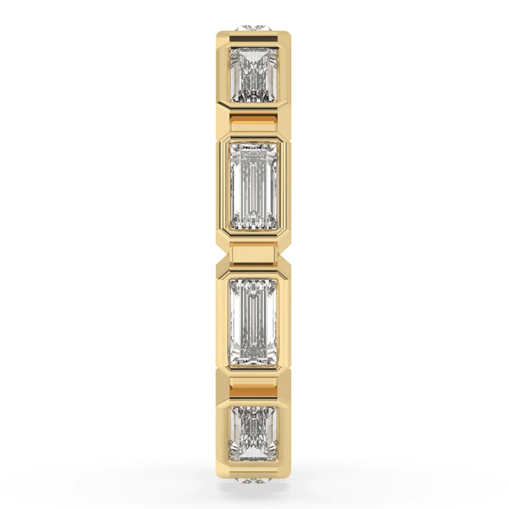 Top view along the row of bezel set baguettes in yellow gold