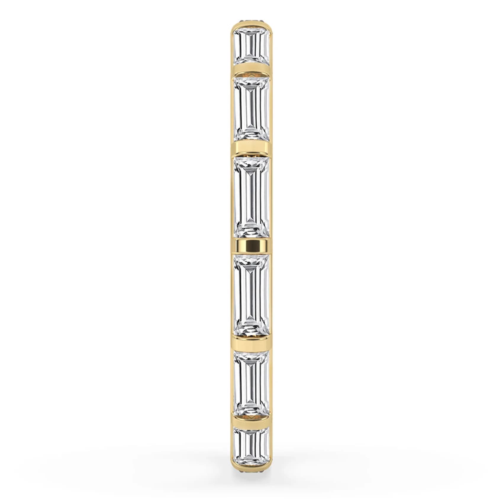Top view along the row of baguettes in yellow gold